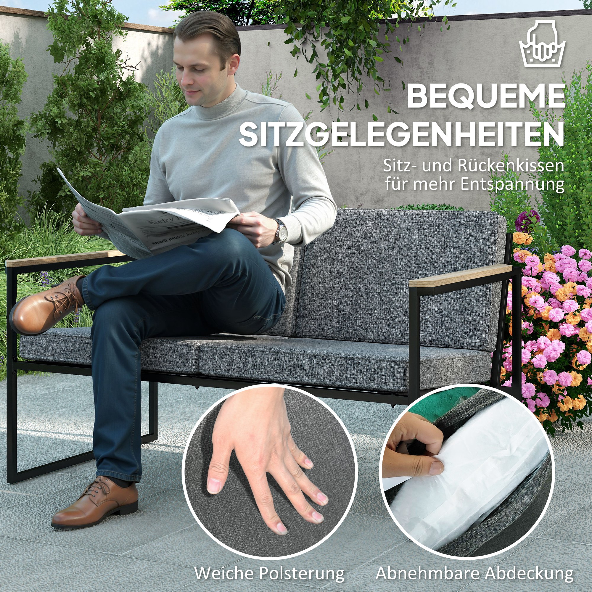 Gartenmöbel Set 4 Personen wetterfest Balkonmöbel-Set mit 2er Sofa, 2 Stühle Sitzkissen Beistelltisch Grau