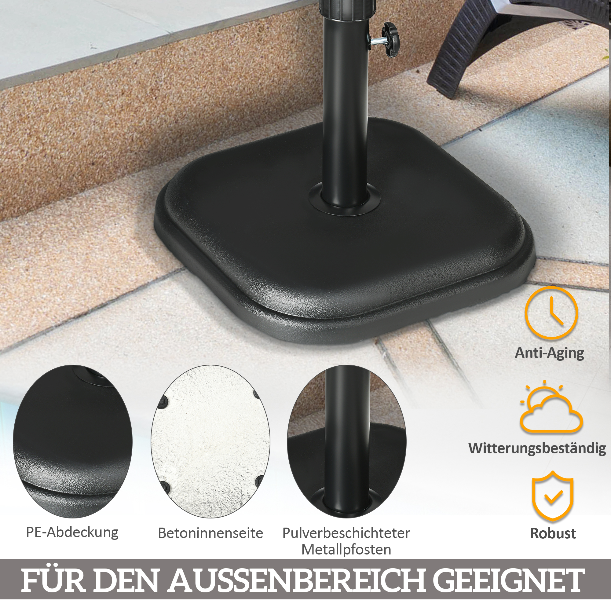 Sonnenschirmständer aus Beton 11kg Quadratisch Schirmständer für Sonnenschirm 32-38mm Rohrdurchmesser Schwarz