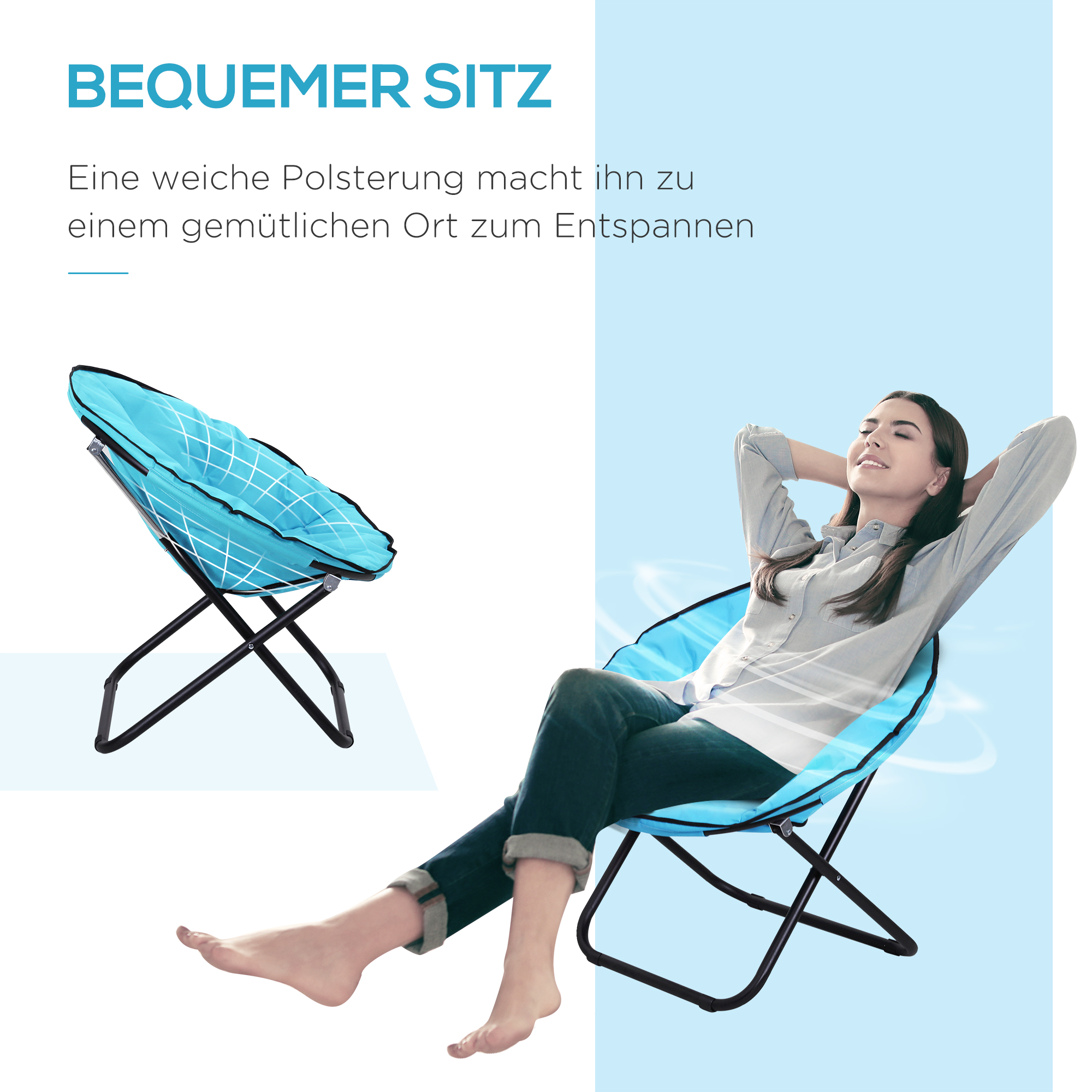 Campingstuhl Faltbar Campingsessel mit Lehne, Klappstuhl bis 120kg, gepolstert Moonchair Extra Breit, Faltsessel Outdoor Stuhl für Garten, Balkon, Camping, Blau