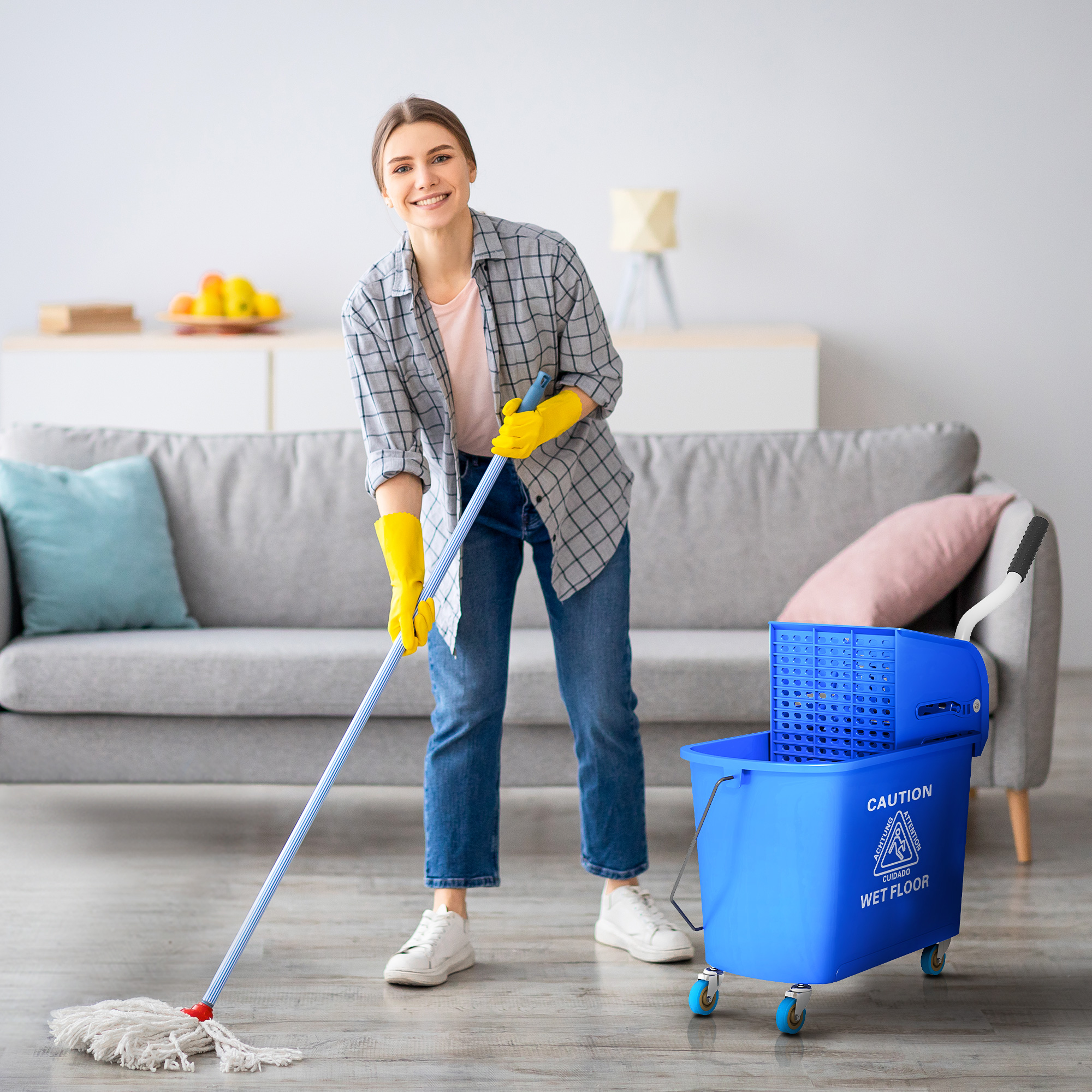 20l Mopp-Eimer mit Auswringer und Griff, Wischmopp-Eimer auf Rädern, Kunststoff, Blau