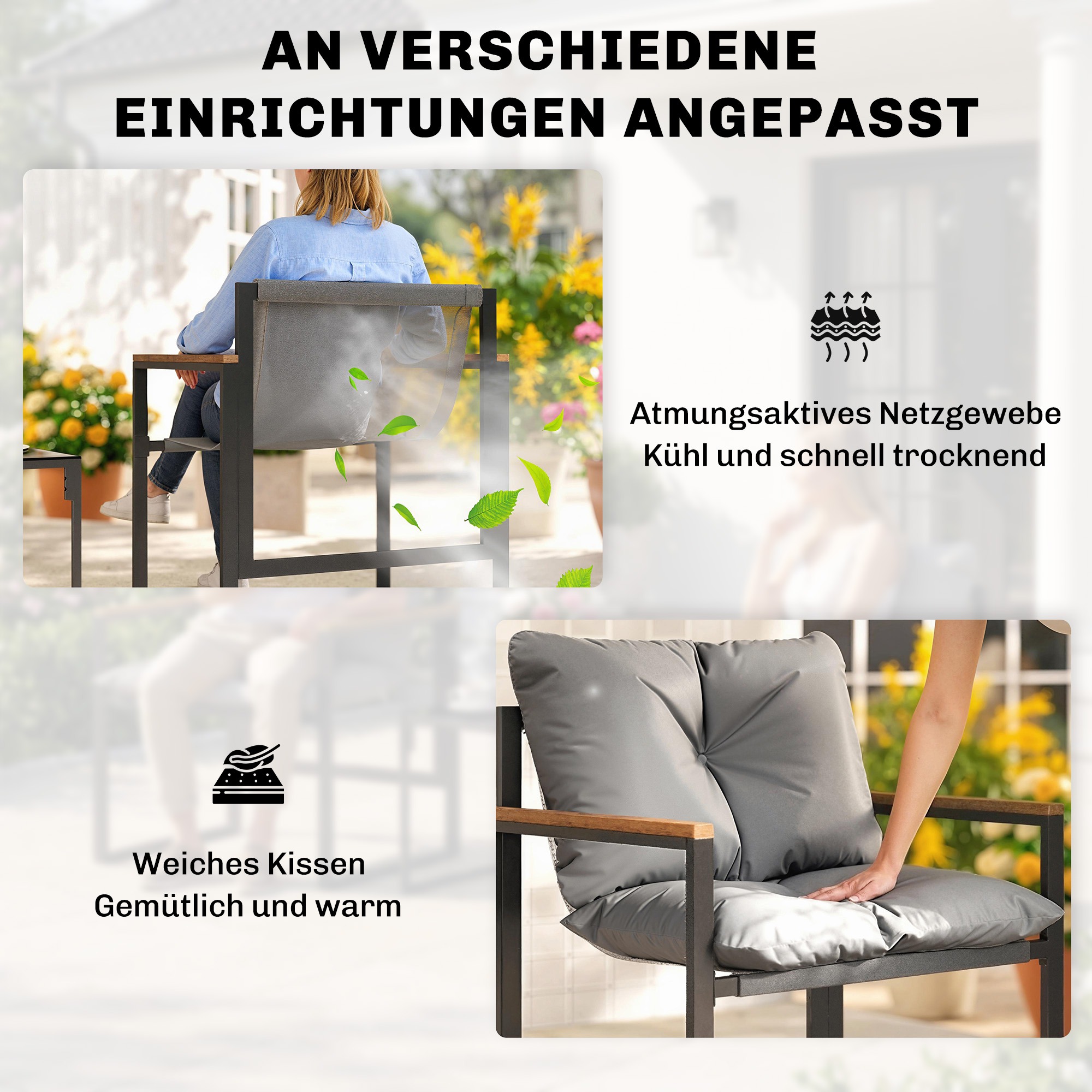 Bistro-Set für 2 Personen, 3-teiliges Garten-Bistro-Set mit Metallrahmen und dicken Polstern