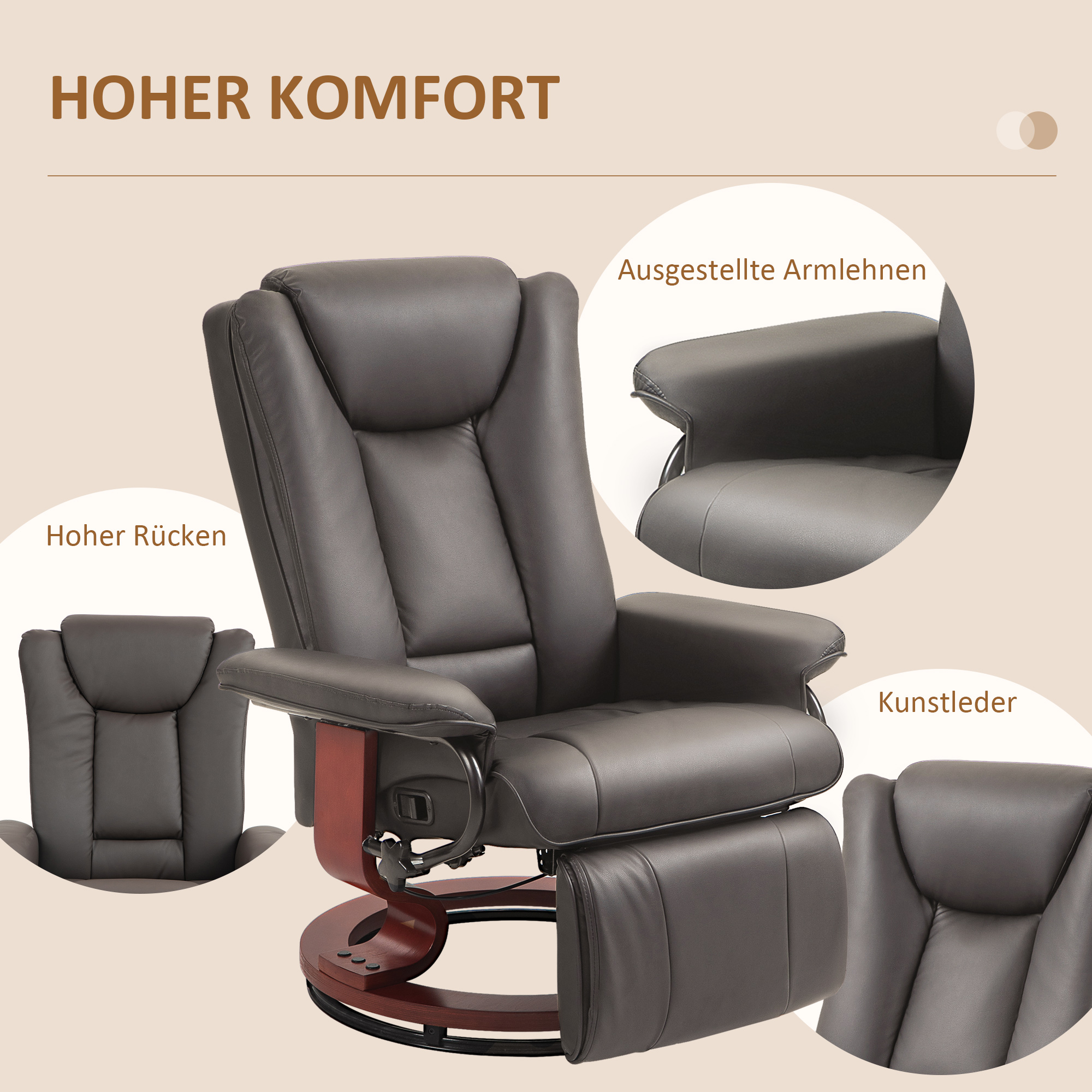 Relaxsessel mit Liegefunktion, drehbar, bis 150 kg, Kunstlederbezug, Stahlrahmen, Braun