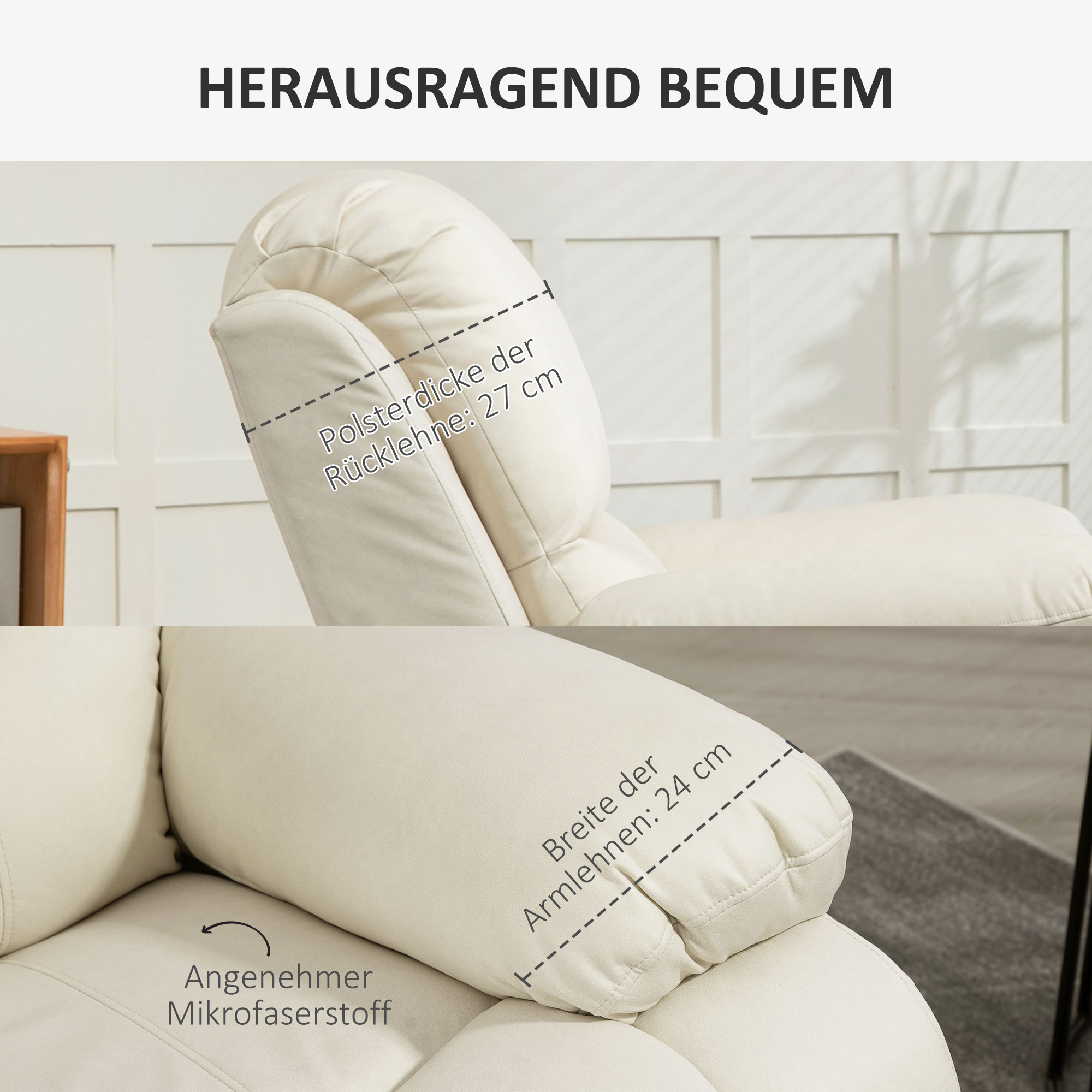 Relaxsessel, verstellbare Lehne & Fußstütze, drehbar, bis 150 kg, Stahlrahmen, 93x100x98cm, Cremeweiß
