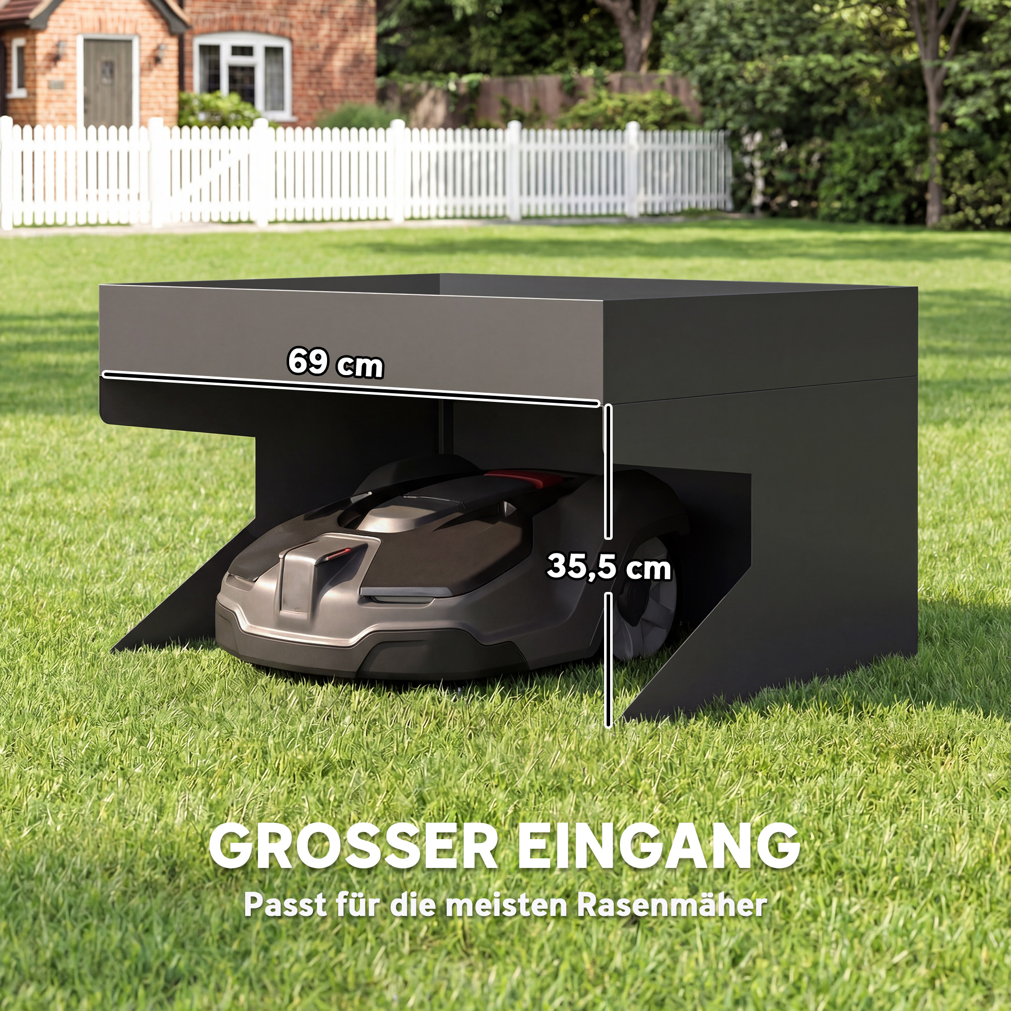 Garage für Mähroboter mit Pflanzkasten, Robuste Garage aus galvanisiertem Stahl, Schwarz