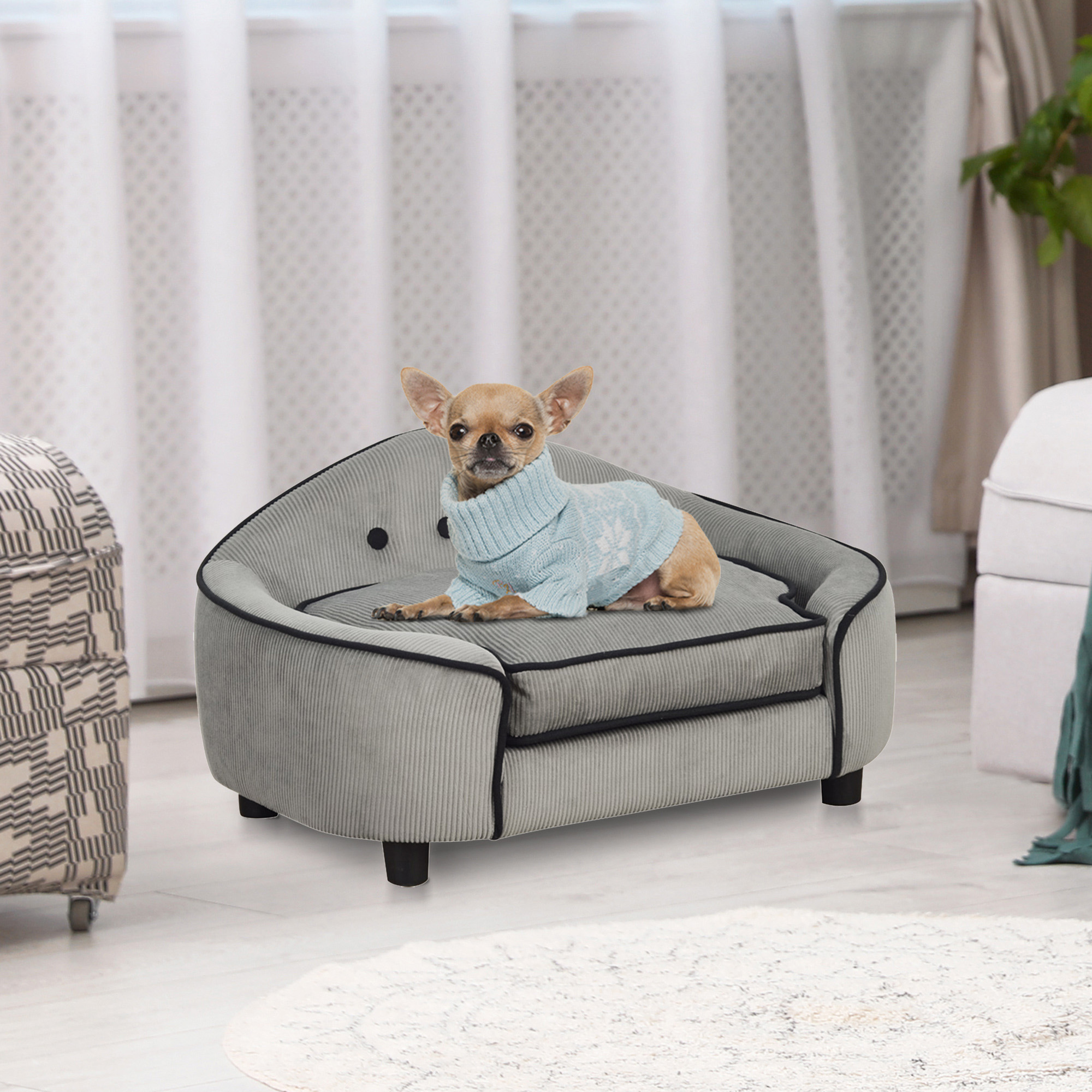 Haustiersofa, Hundebett, Hundematte, Hundesofa, Naturholz+Plüsch, Grau, 66,5 x 45 x 35,5 cm