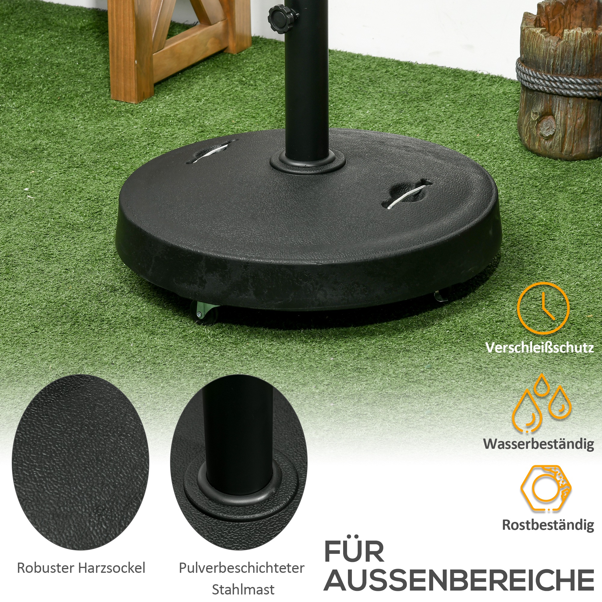 Sonnenschirmständer Sonnenschirmfuß Sonnenschirmhalter, wetterbeständig, mit Rollen, Ø53 x 41H cm, Schwarz