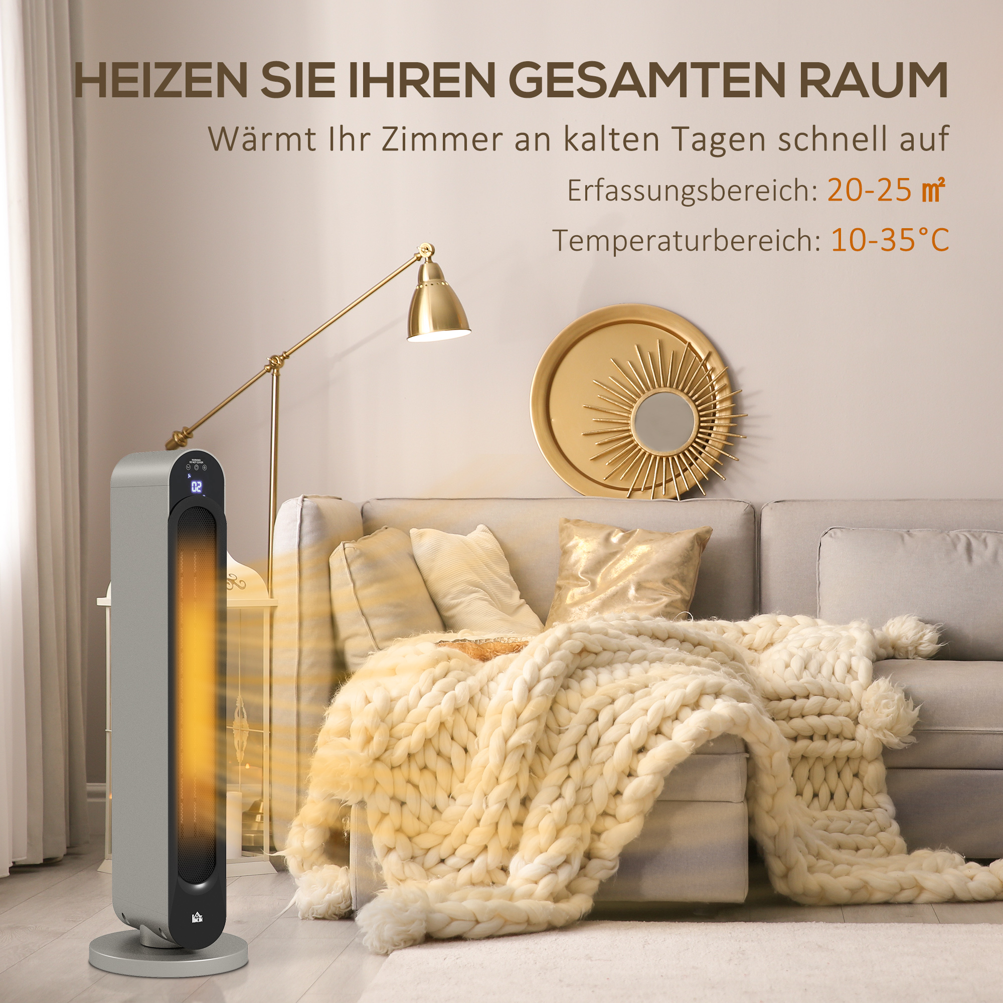 Elektrische Heizung, 3 Modi, 12-Stunden-Timer, LED-Anzeige, Schwenkfunktion