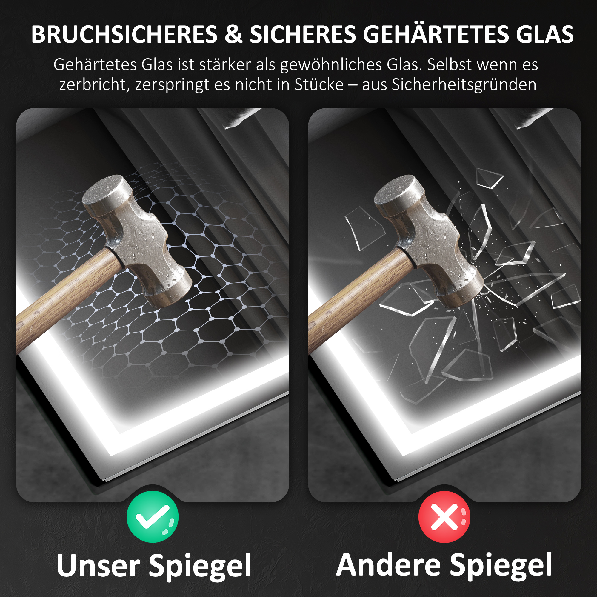 Badezimmerspiegel mit LED-Beleuchtung, Anti-Beschlags-Pad, 3 verstellbare Farben, Uhr, 600 x 800 mm, Silberfarben