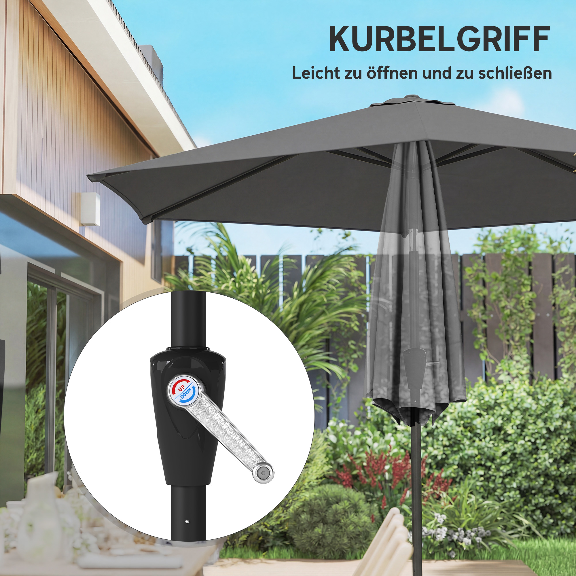 Sonnenschirm 270 cm knickbar Balkonschirm mit Kurbel UV 50+ Gartenschirm Dunkelgrau