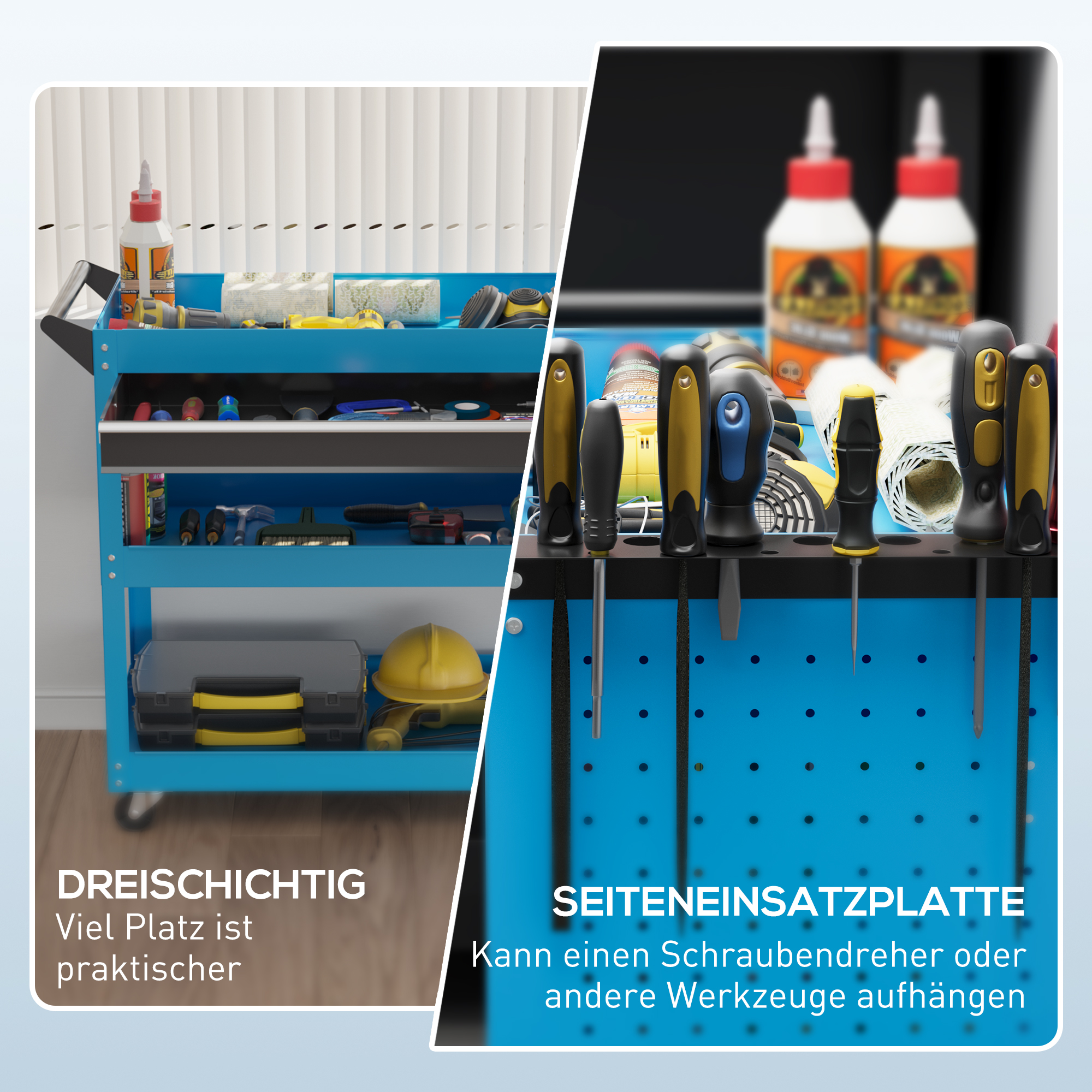 Werkzeugkoffer Werkzeugtrolley Werkzeugbox, 3 Ebenen, 4 Rollen, 82 cm x 35 cm x 76 cm, Blau