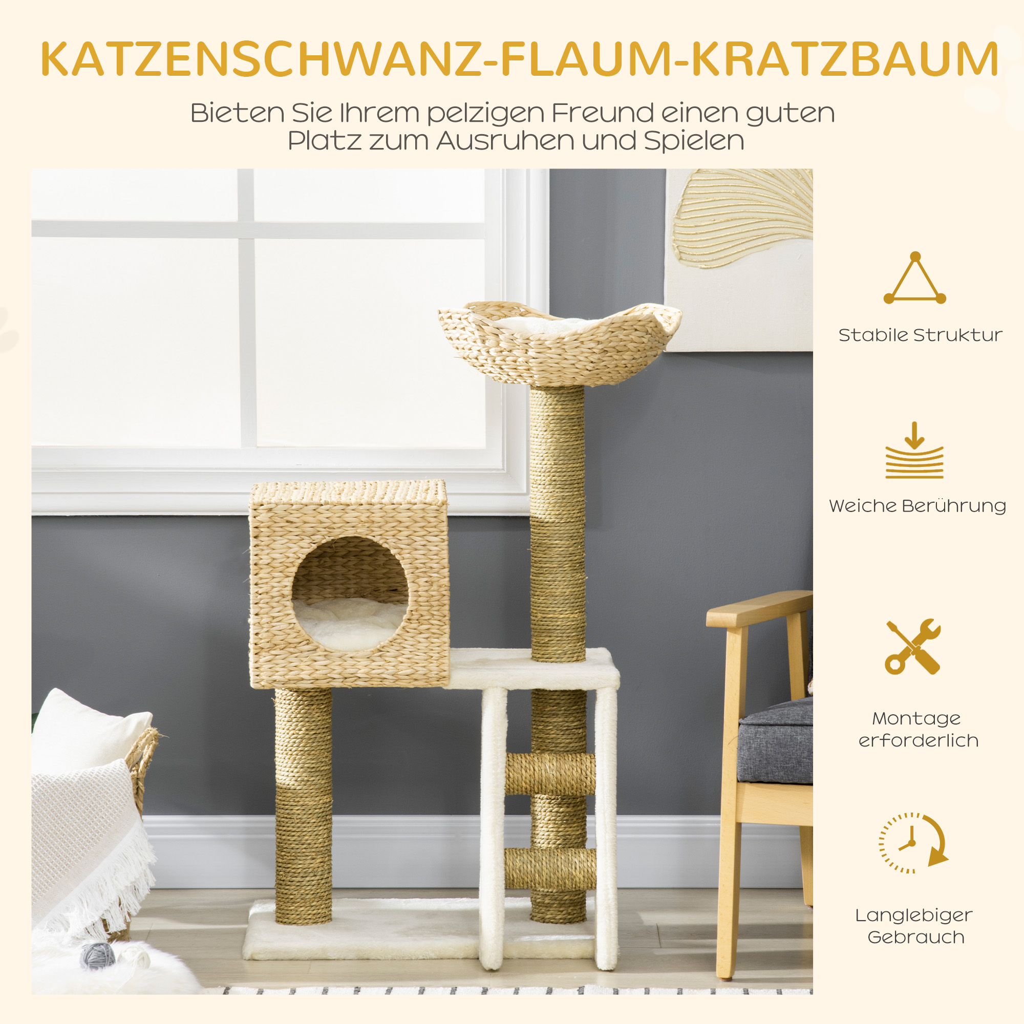 Kratzbaum mit Katzenhaus, Sisal-Kratzsäulen, waschbare Kissen, 100,5H x 57L x 37B cm, Weiß/Natur