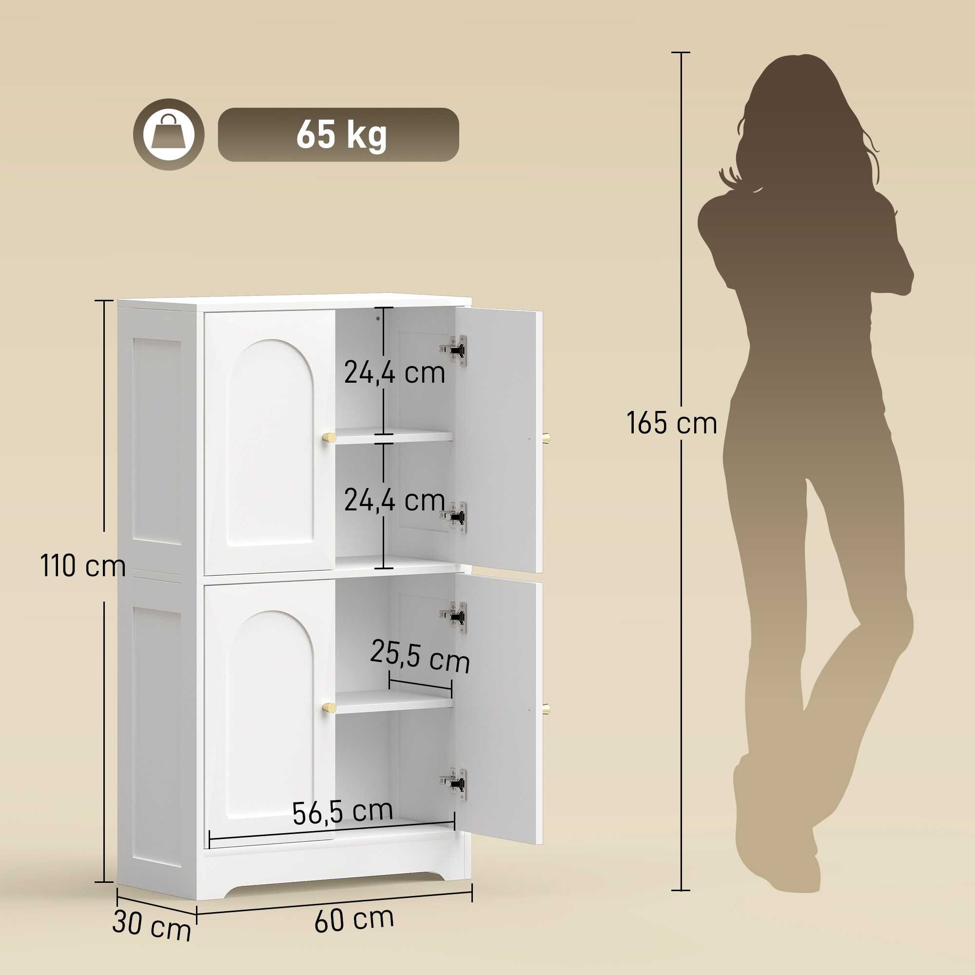 Küchenschrank, Hochschrank mit 2 verstellbaren Regalböden, Küchenbuffet mit 4 gewölbten Türen 60 x 30 x 110 cm, Weiß