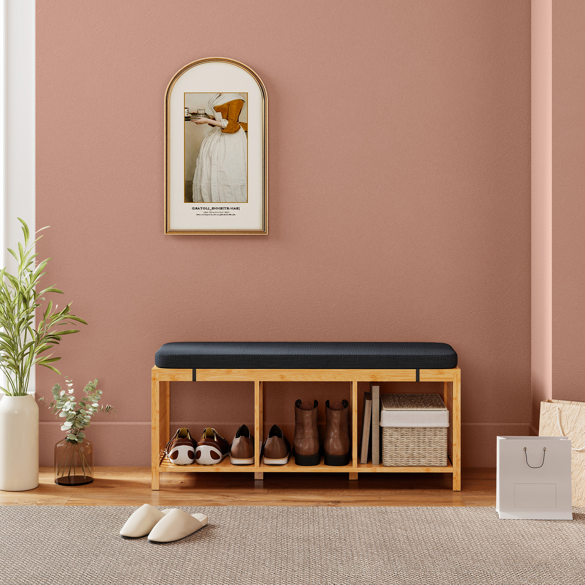 Bambus-Schuhbank, Flurbank mit gepolstertem Sitzkissen und offener Ablage, Naturholz-Optik