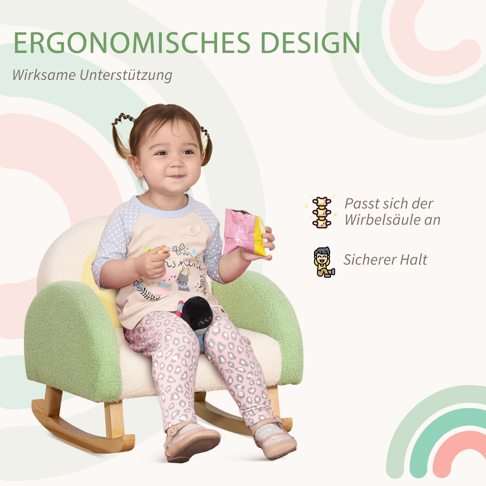 Schaukelstuhl für Kleinkinder Niedliches Design, Schaffell-Imitat, Eukalyptusholz Grün + Gelb Beige