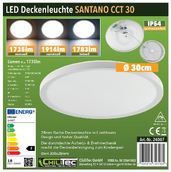 LED Deckenleuchte "Santano FR-30 CCT" / IP54, Ø 30cm, 18W, CCT 3000-6000k