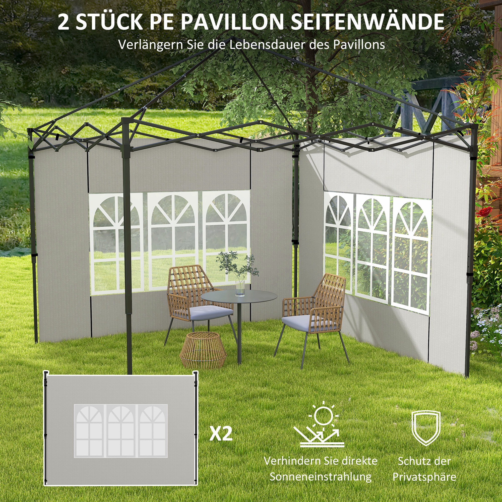 2er Set Seitenwände für Pavillon 3x3 3x6 Wasserdicht Seitenteile mit Fenster Weiß