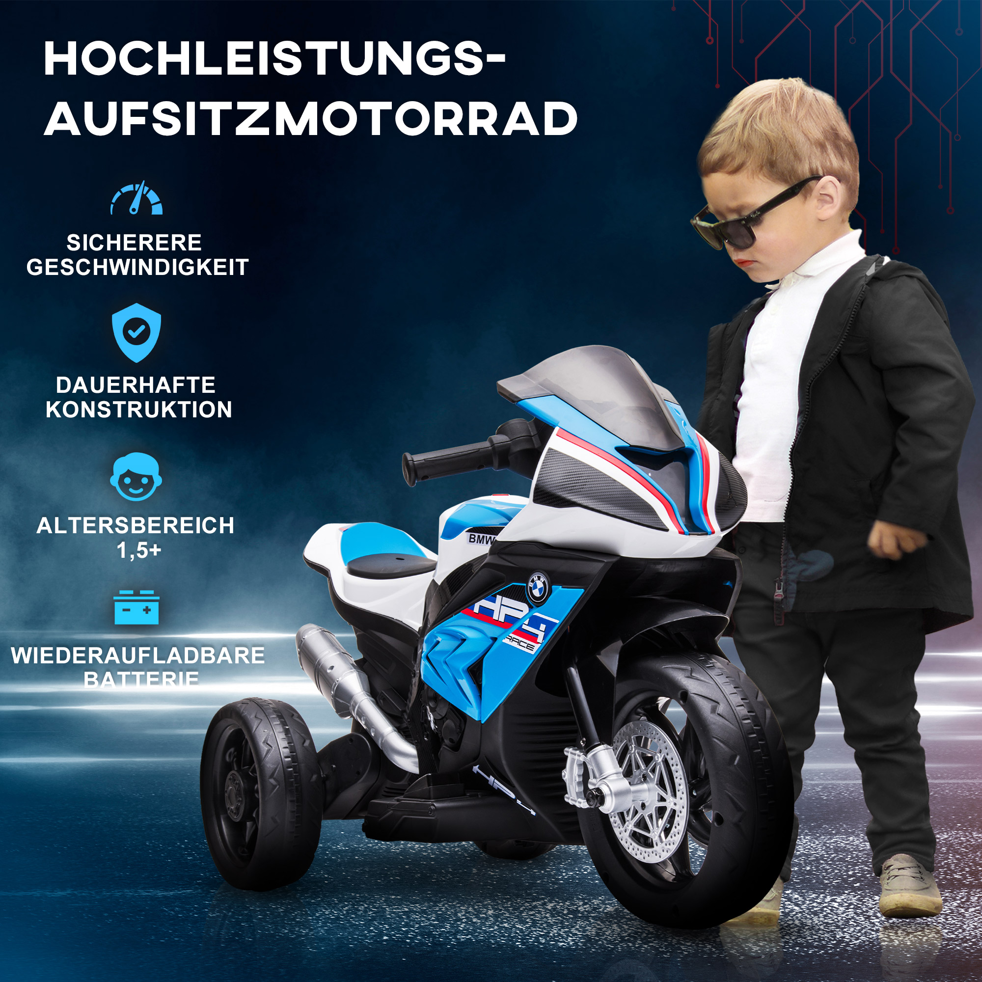 Kindermotorrad, Elektromotorrad, Scheinwerfer, 3 Musikmodi, für Kinder 1,5-5 Jahre, Blau, 82,5 x 42 x 54cm