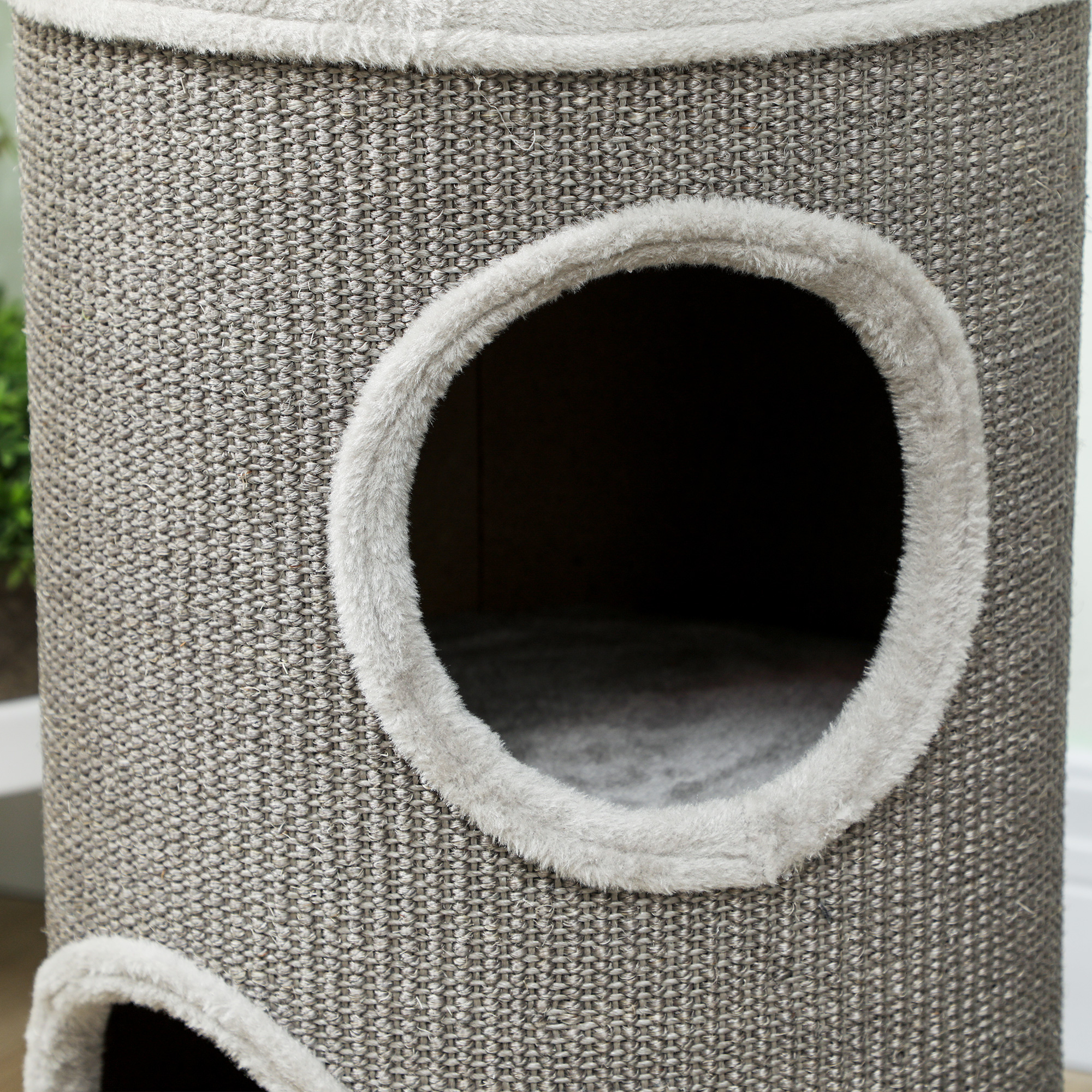 Kratztonne, 60 cm Hoch Ø 35 cm zweistöckige Katzentonne mit 2 Höhle, Plüschrand, für 1-2 Katzen bis 5 kg, Hellgrau