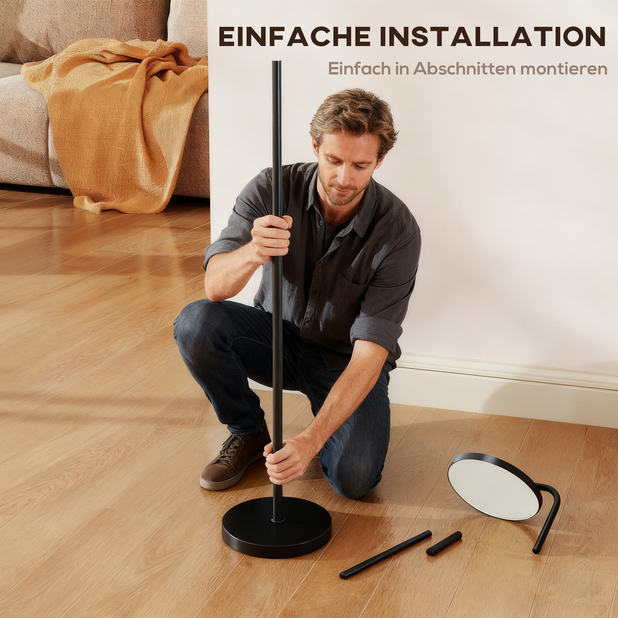 LED-Stehlampe mit magnetischer Fernbedienung, flexibel verstellbar, drehbar, Metall, Schwarz
