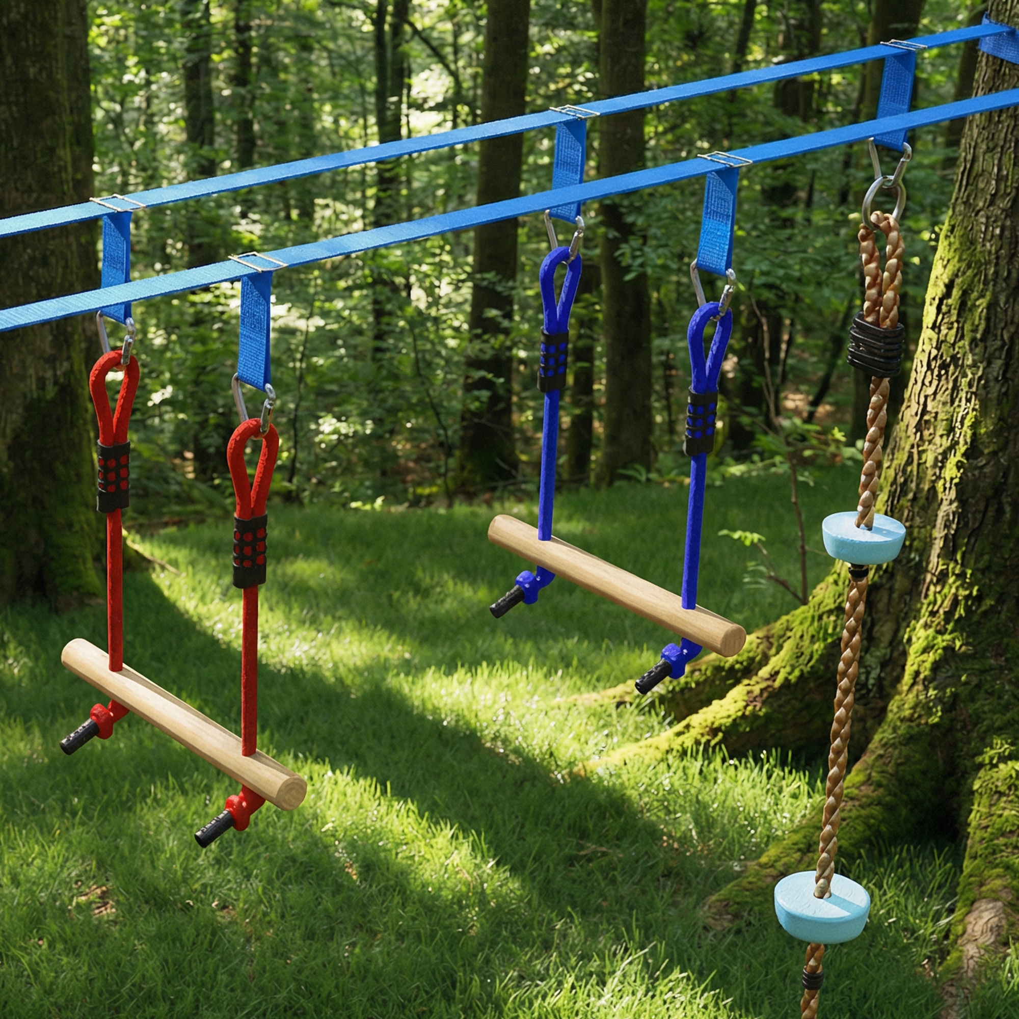 Ninja Line Kinder 24 m Slackline Set mit Turnringe 7 Hindernissen Kletterstange Balancierbrücke für 3-6 Jahre Rot+Blau