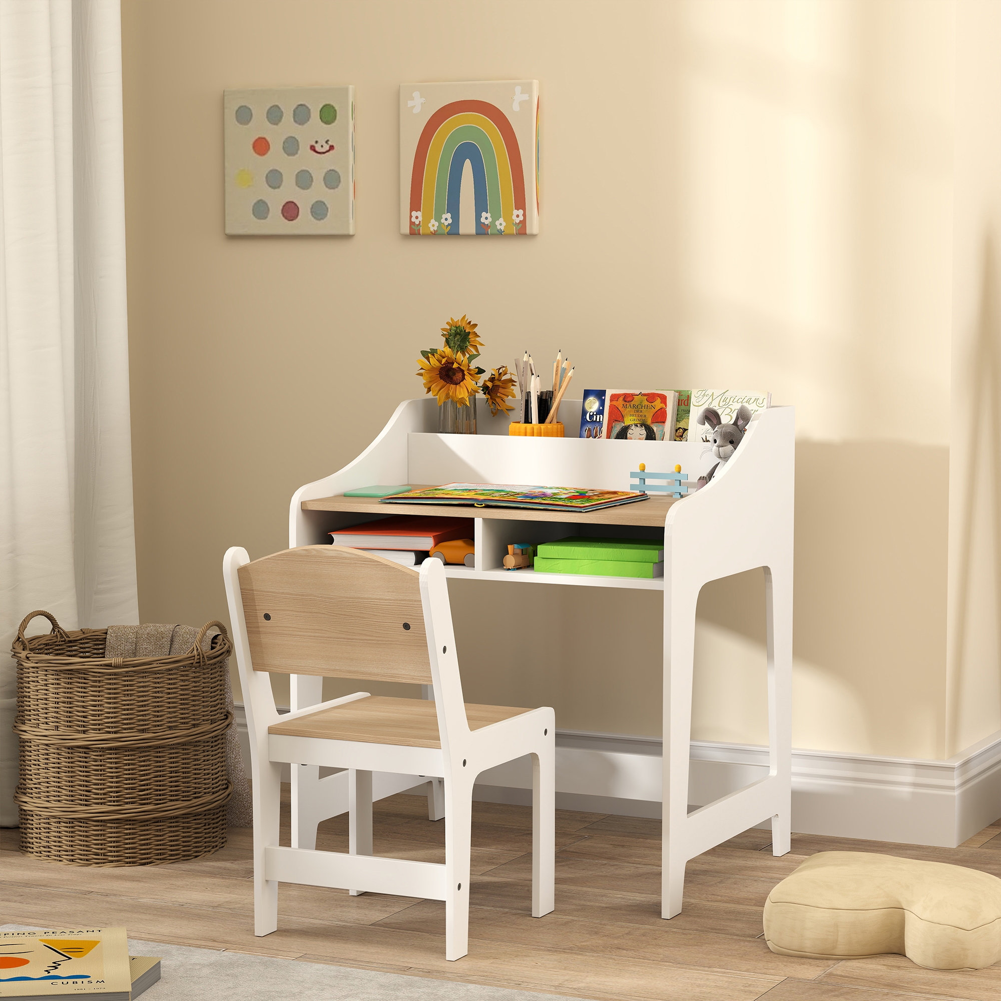 Kinder-Schreibtisch-Set mit Stauraum, offene Fächer, Stuhl, 3-8 Jahre, Holz