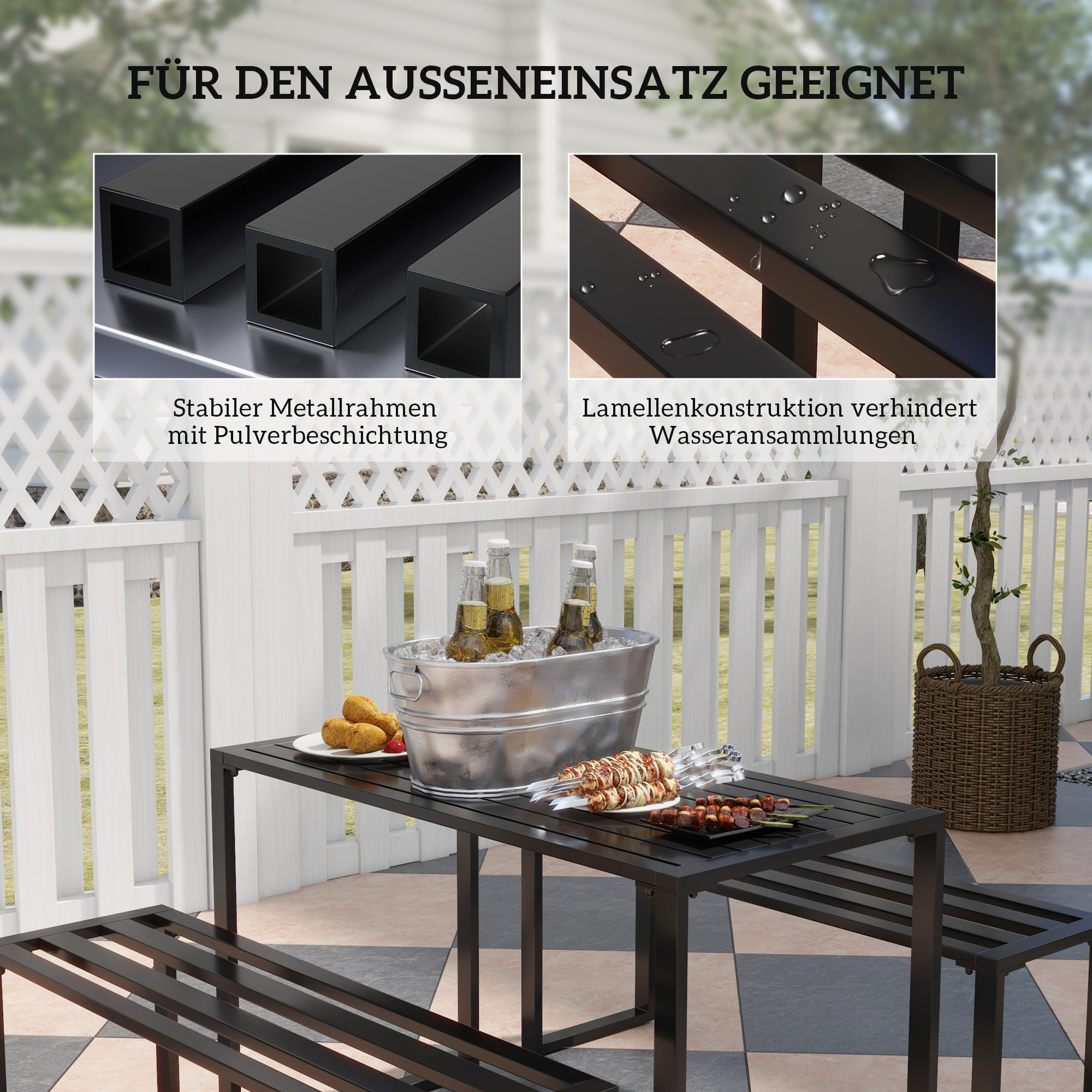 Gartengarnitur für 4 Personen, 1 Tisch & 2 Bänke, Metall, Schwarz