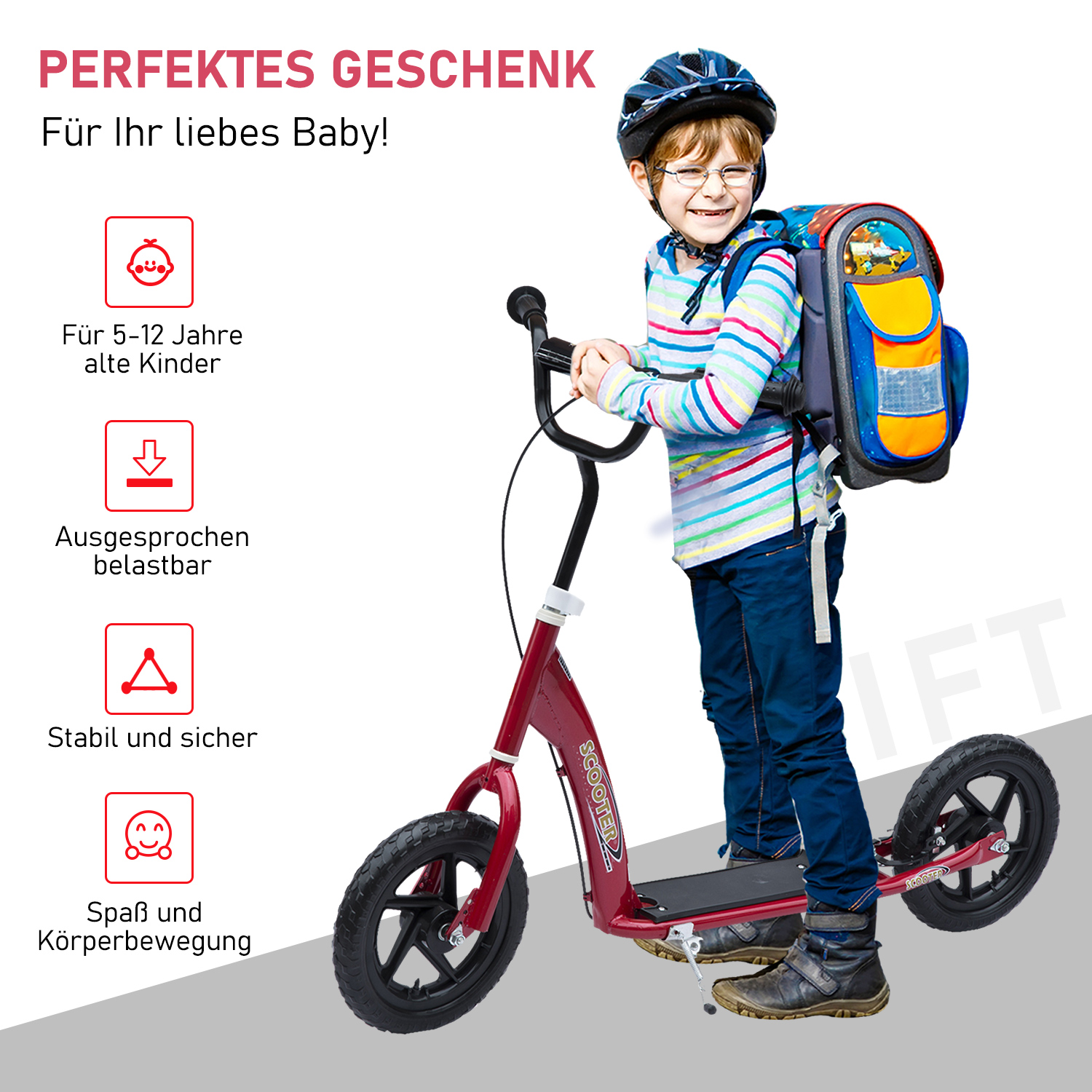 Kinderroller mit Hinterbremse Kickscooter 12 Zoll Tretroller Roller Scooter Cityroller für Kinder Kickboard Höhenverstellbar Stahl EVA Rot 120 x 52 x 80-88 cm