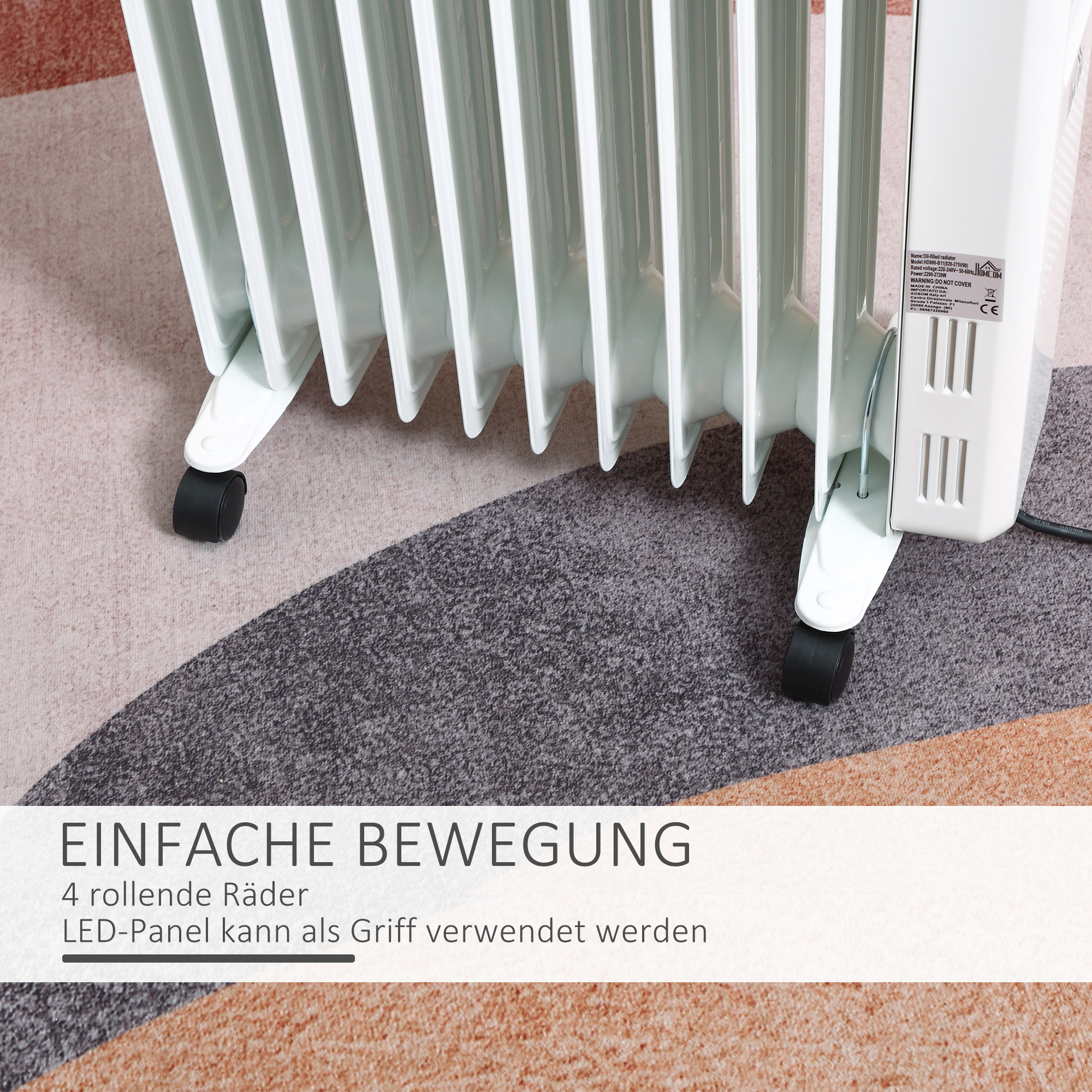 Ölheizung, 2500W, 3 Heizstufen, Zeitschaltuhr, frei beweglich, Stahl, weiß, 50,5 x 24 x 63 cm