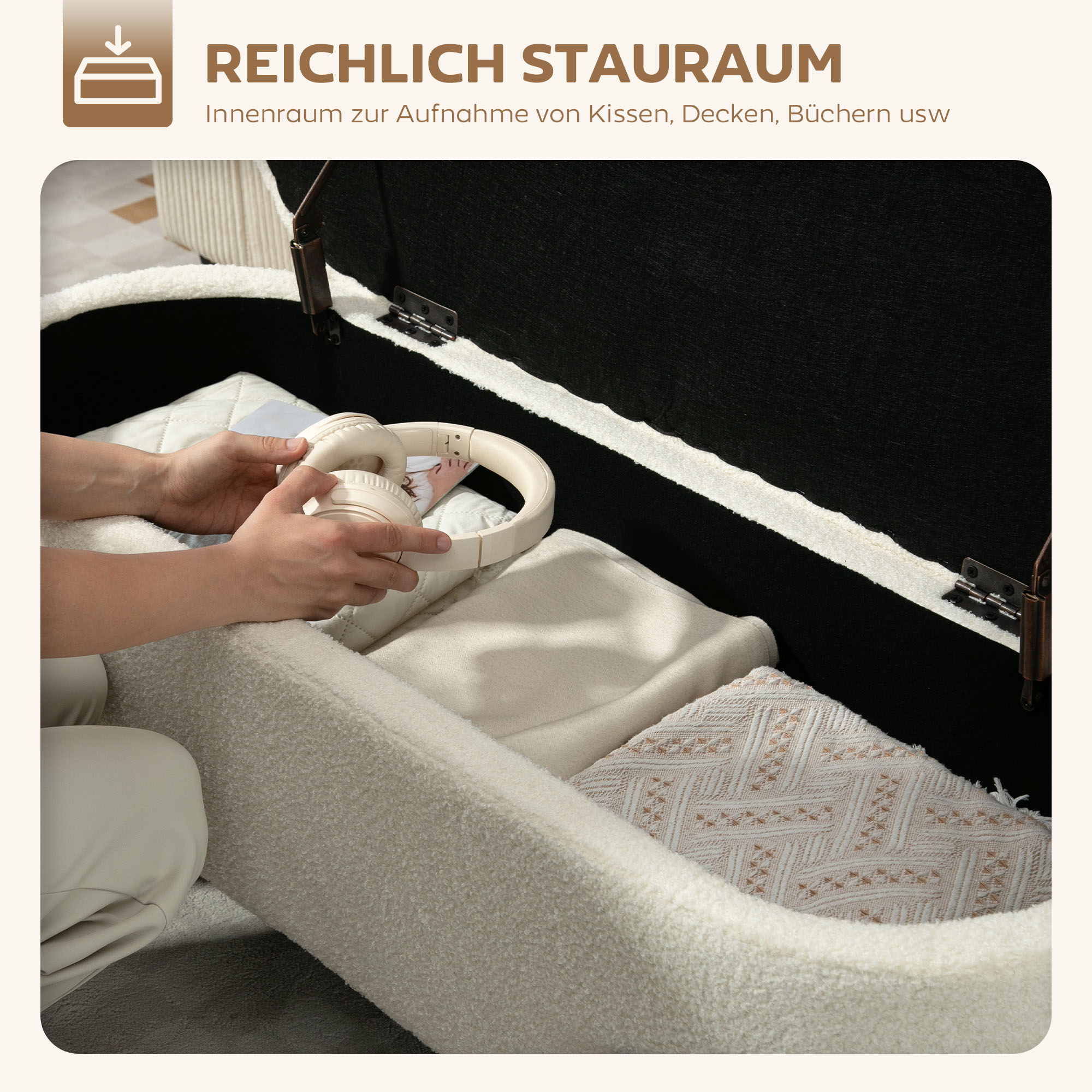 Aufbewahrungs-Hocker, Sitzhocker mit Deckel und Stauraum, Stahlbeine, Polsterhocker mit Fleece-Bezug, Cremeweiß