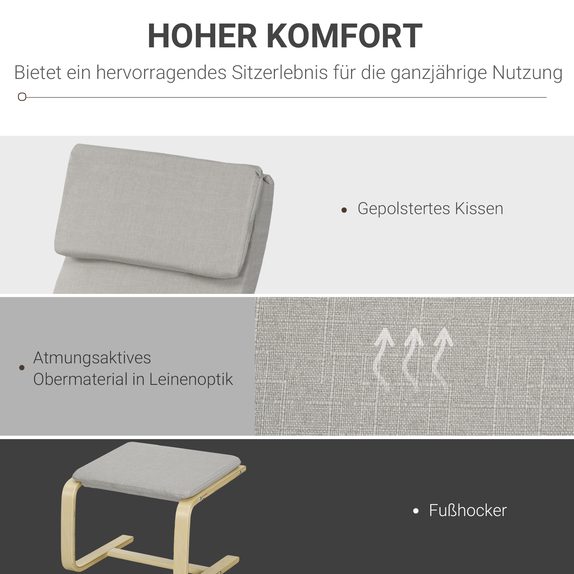 Loungesessel mit Hocker, Bezug in Leinenoptik, Holzrahmen, bis 120 kg, Hellgrau/Natur