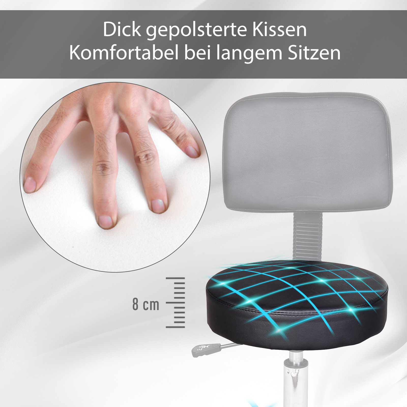 Rollhocker höhenverstellbar mit Rückenlehne Drehhocker 72-84 cm Arbeitshocker 360° drehbar Bürohocker für Büro Salon Massage Spa Schwarz