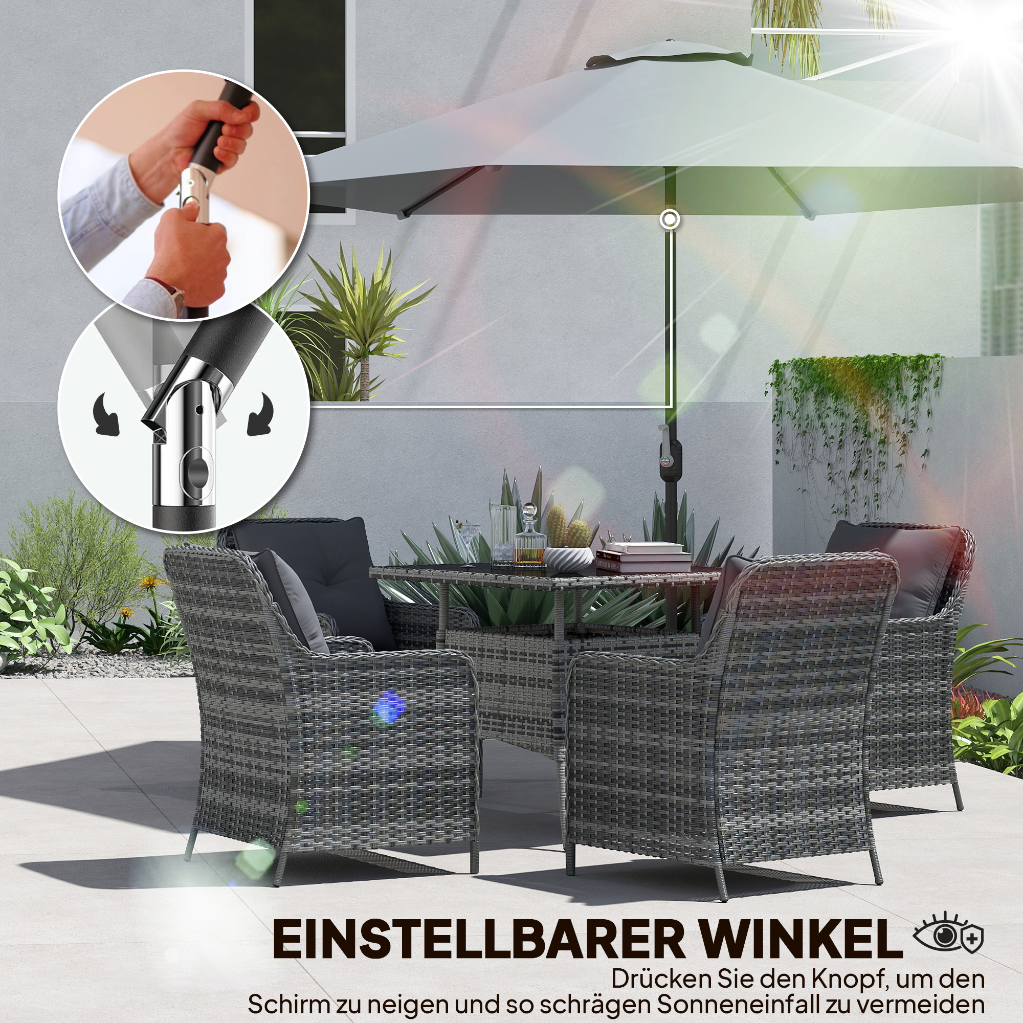 3 m Sonnenschirm mit Schutzhülle, Outdoor-Marktschirm mit Neigefunktion und Kurbel, Windöffnung, Grau