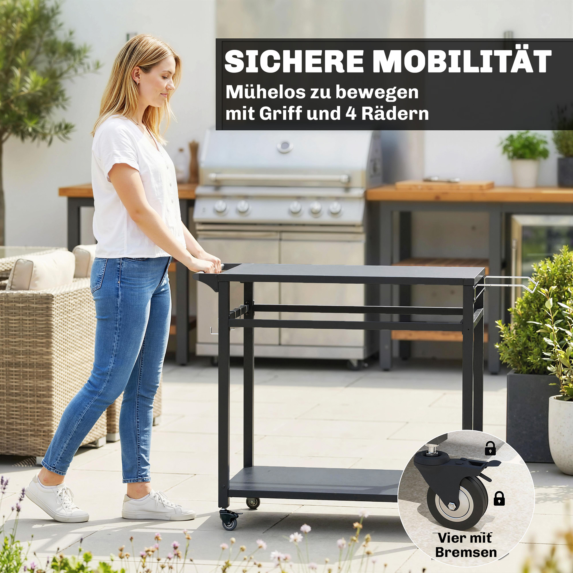Küchenwagen mit Rollen, 2-stöckiger Servierwagen mit Müllbeutelhalter, Haken, Griffe, 113 x 50,5 x 88 cm Schwarz