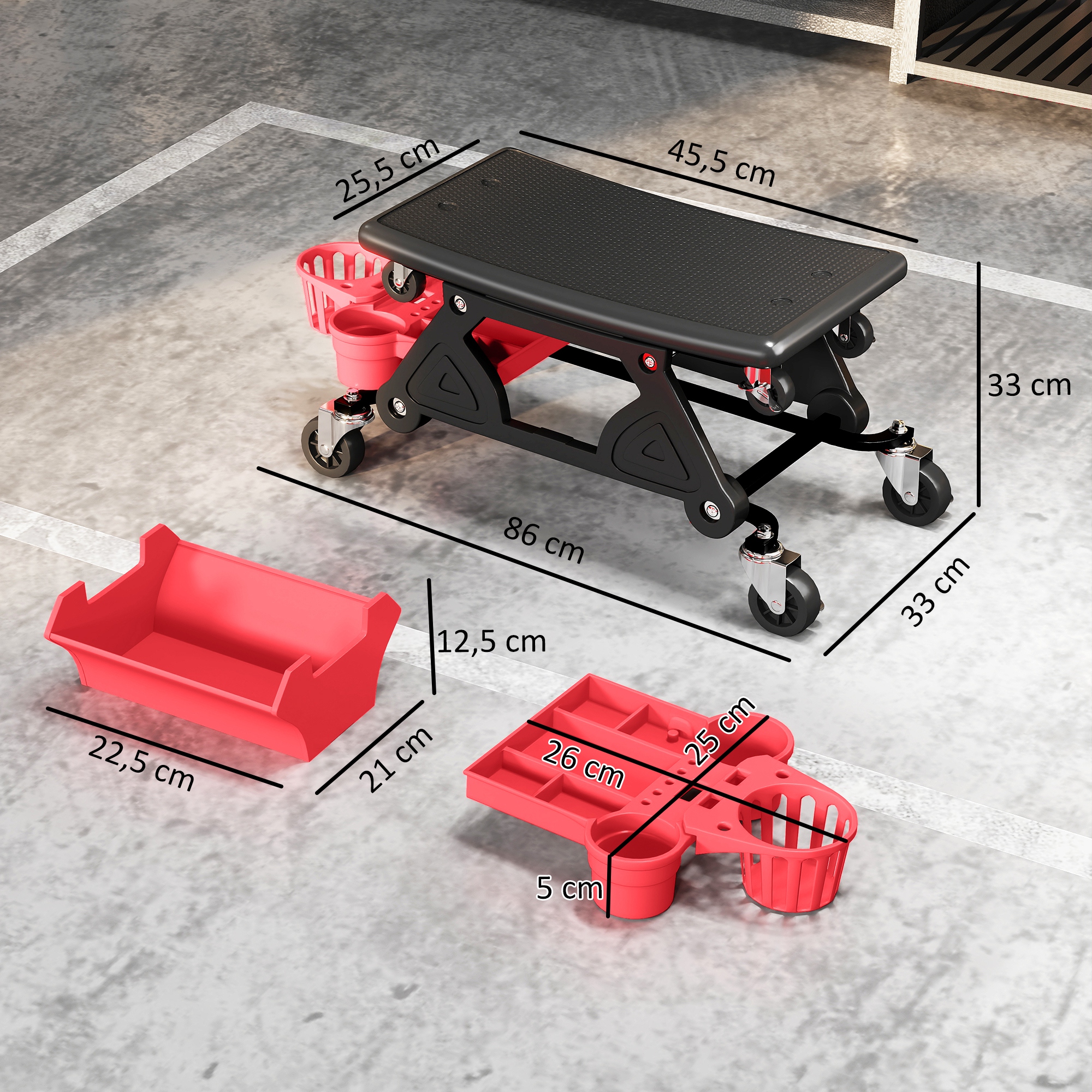 Werkstatthocker mit Rollen abnehmbar Sitz, Ablagefläche, 33cm hoch Rollhocker bis 135 kg belastbar Rot