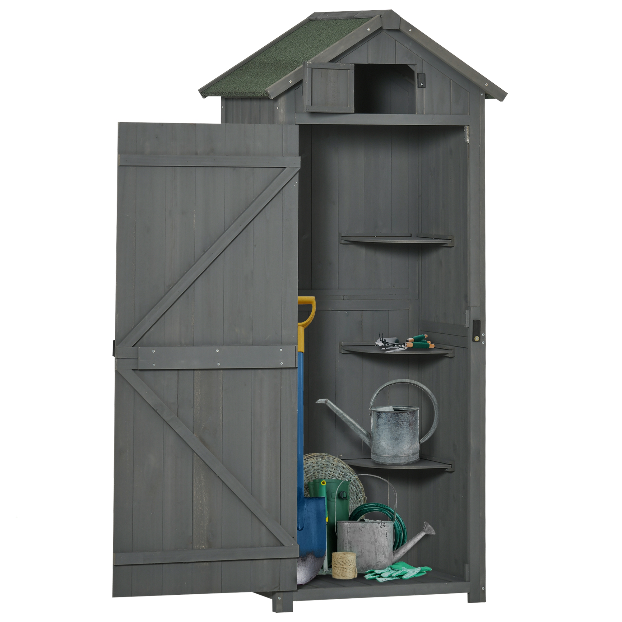 Gartenschrank Holz, Geräteschuppen wetterfest 77x54,2x179cm, Gerätehaus mit Tür, Satteldach, Geräteschrank mit Böden, Werkzeugschrank Gartenschuppen für Garten, Terrasse, Grau+Grün