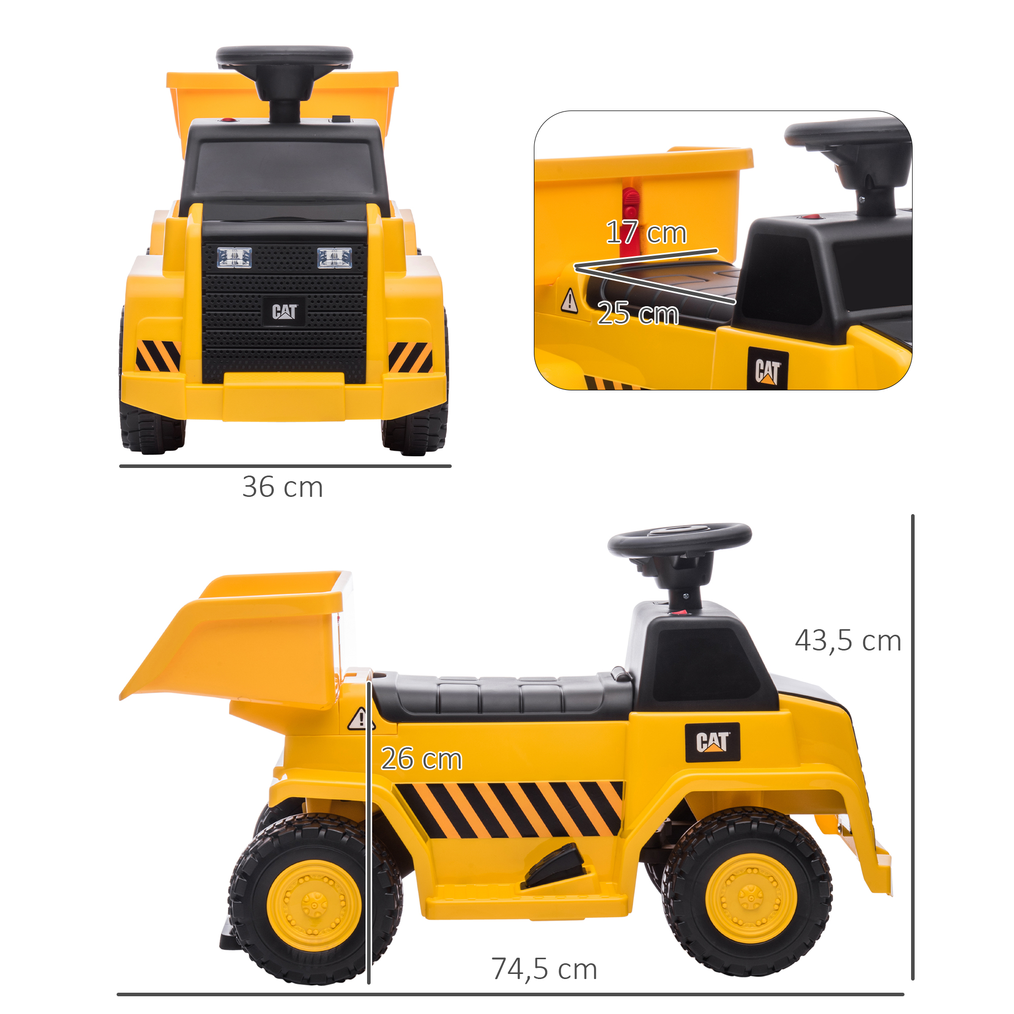 Elektro-Kipplaster für Kinder, kippbare Ladefläche, max. 3 km/h, Scheinwerfer, Hupe, gelb, 74,5 x 36 x 43,5 cm