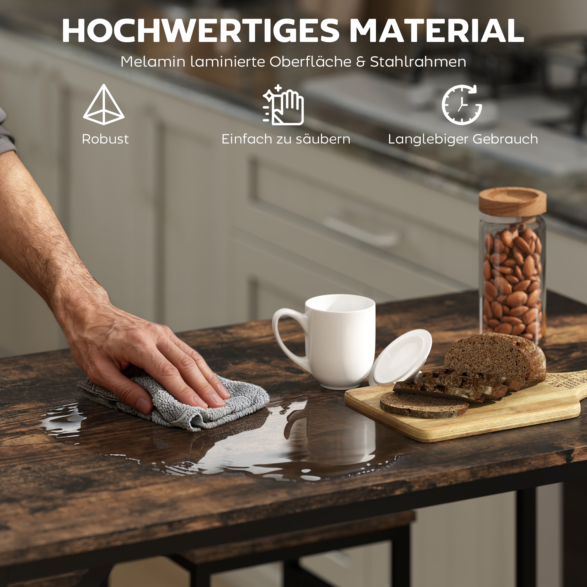 5-teiliges Bartisch Set Bartisch mit Barhocker-Set Esstisch mit 4 Stühlen Küchentisch für Esszimmer, Küche, Rustikal-Braun+Schwarz