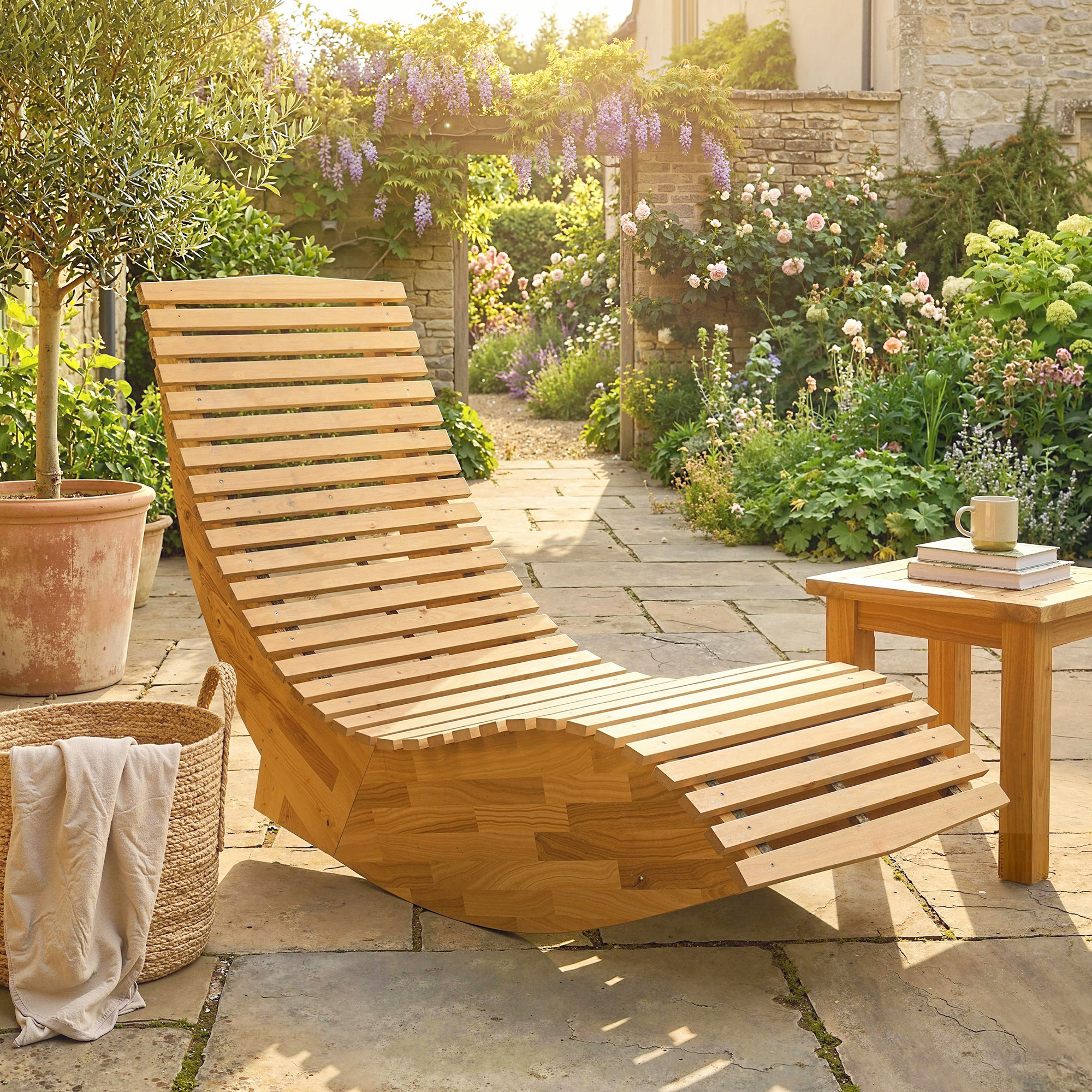 Sonnenliege aus Akazienholz Klappbar Ergonomisch Gartenliege mit S-Form Latten-Design 60 x 156 x 77 cm