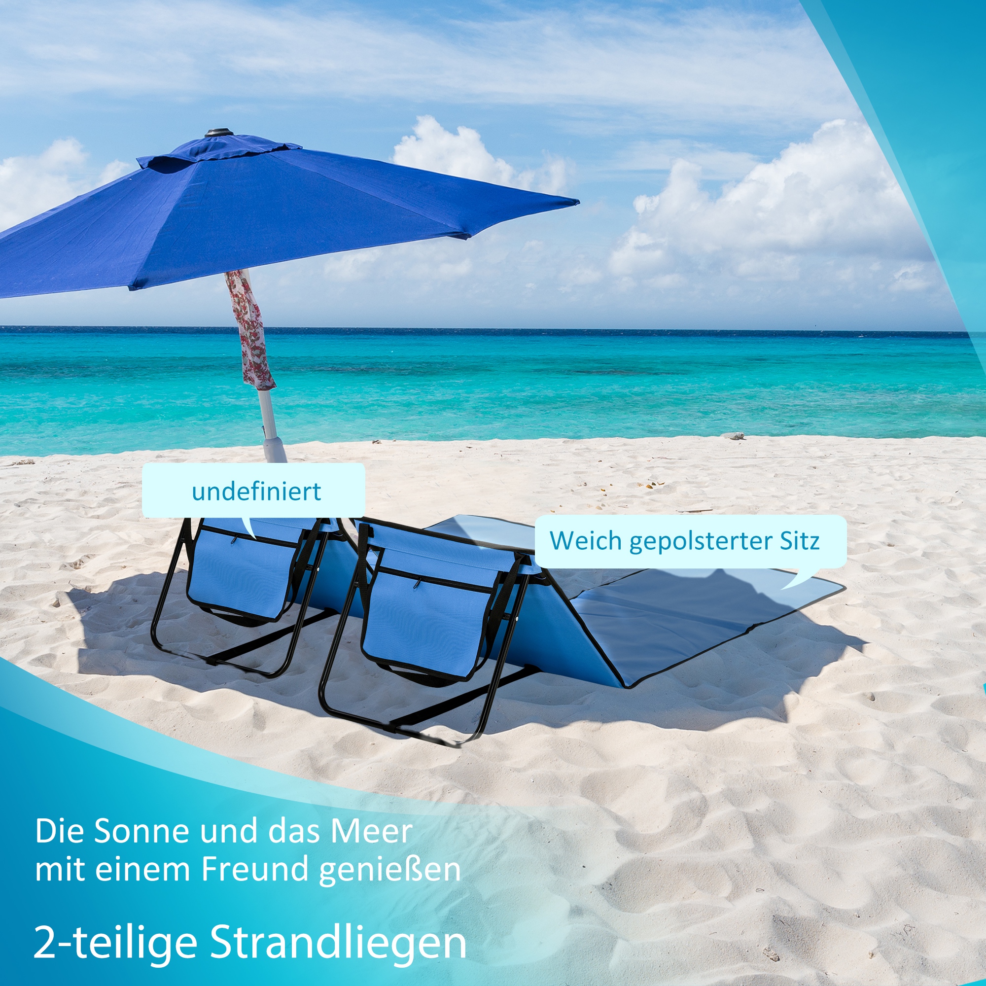 Strandliege, klappbar, verstellbare Rücklehne, Seitentasche, weiche Polsterung, Stahlrahmen, Blau, 142x51x40cm