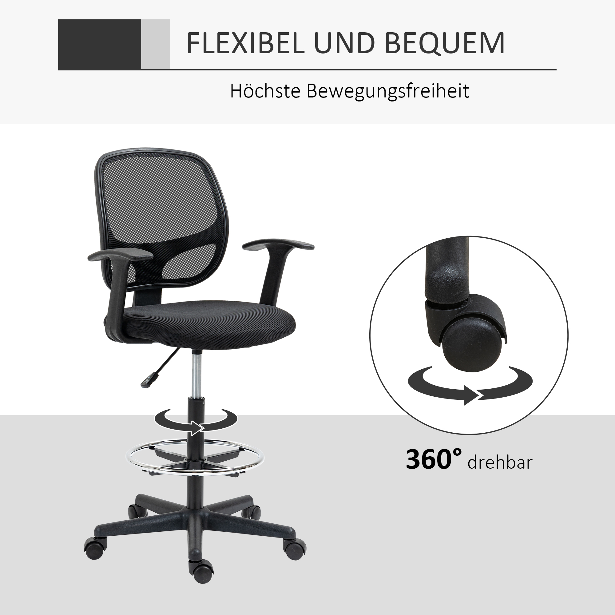 Zeichenstuhl mit Fußstütze 5 Rollen höhenverstellbar Stahl Mesh-Stoff Schwarz