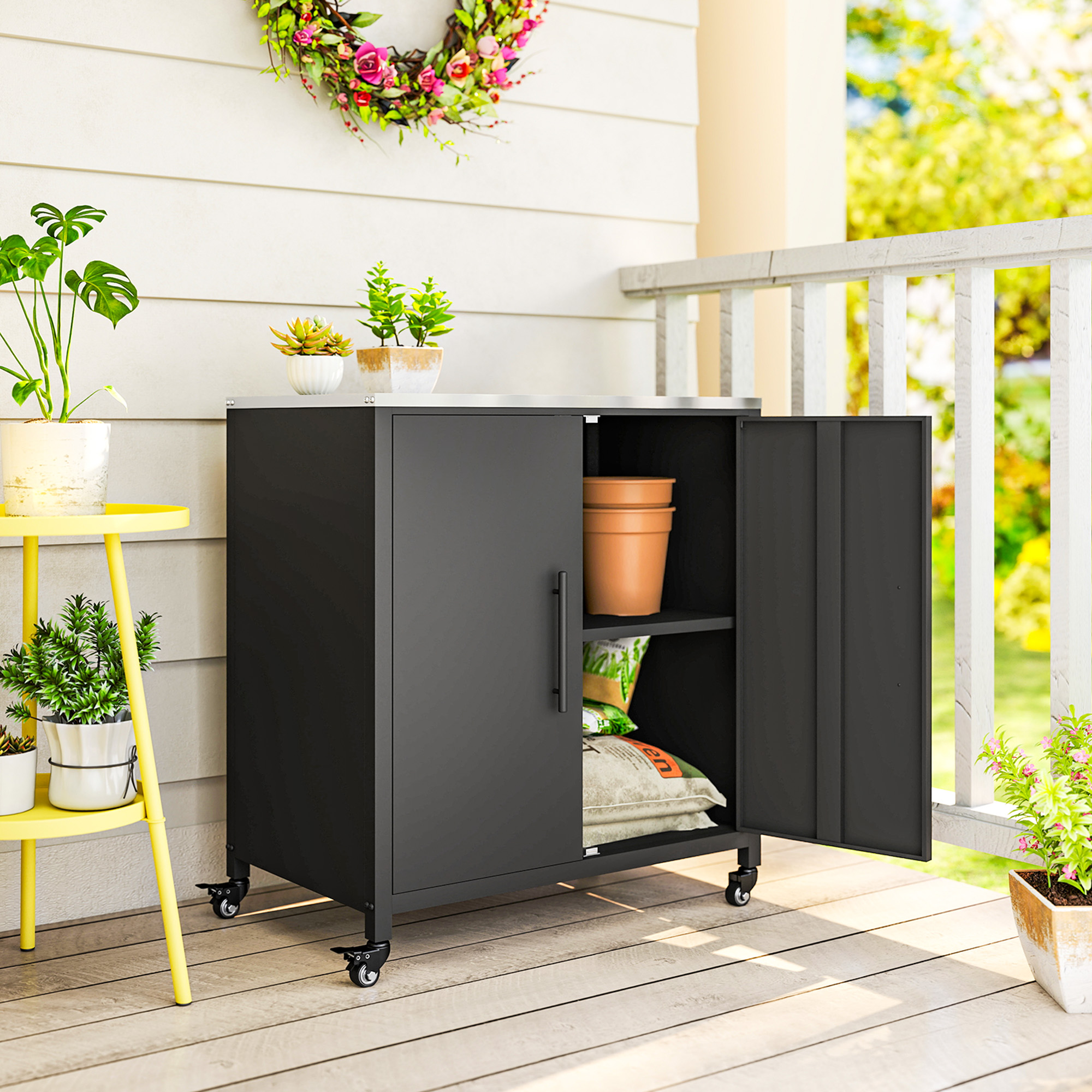 Gartenschrank mit Pflanztisch Geräteschuppen mit Edelstahl Arbeitsplatte abnehmbar Regal magnetisch Doppeltür Rolle