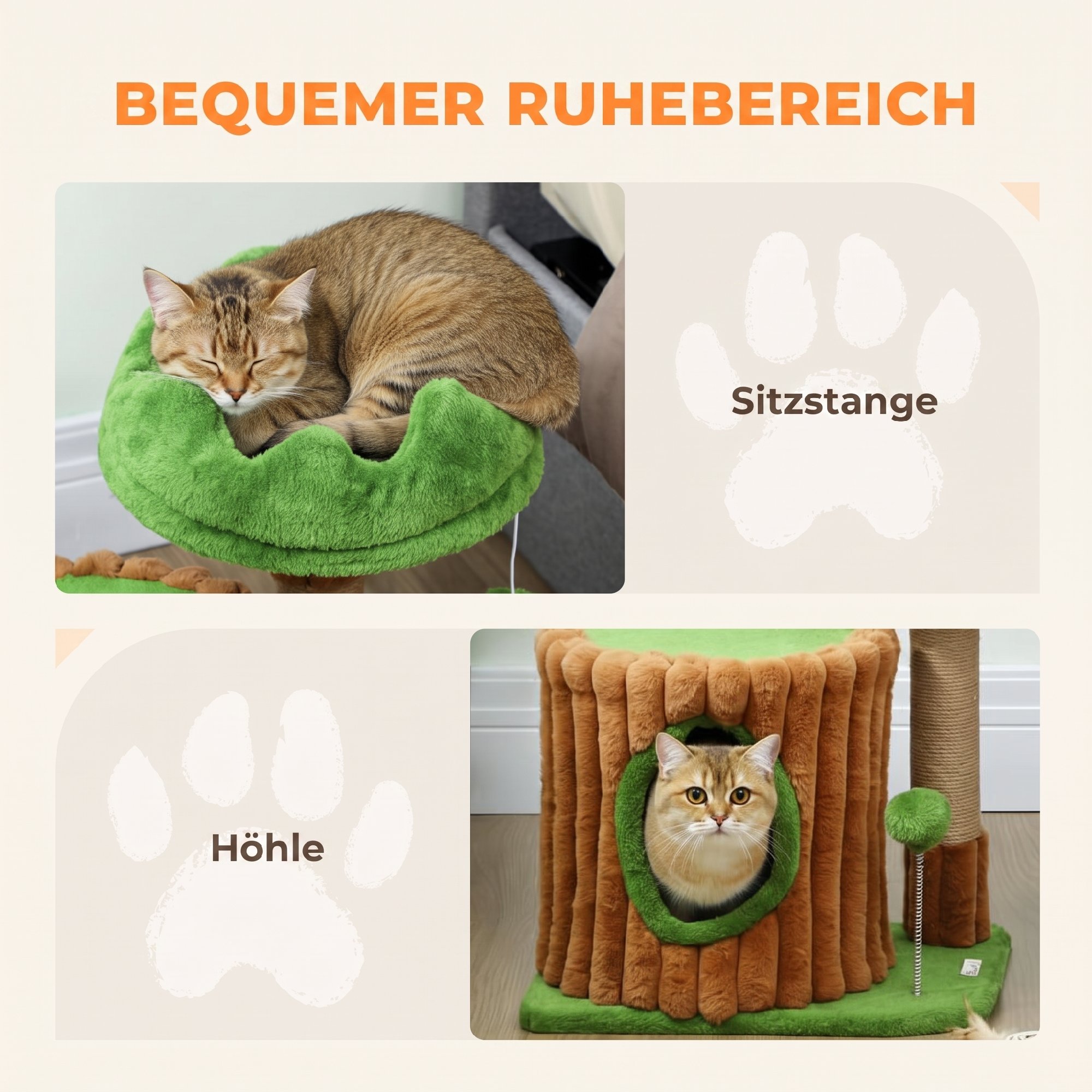 Kratzbaum 53 cm hoch Katzenbaum mit Höhle, Baumstamm-Design, Jutestämme, 2 Bälle  für 1-2 Katzen unter 5 kg, Braun+Grün