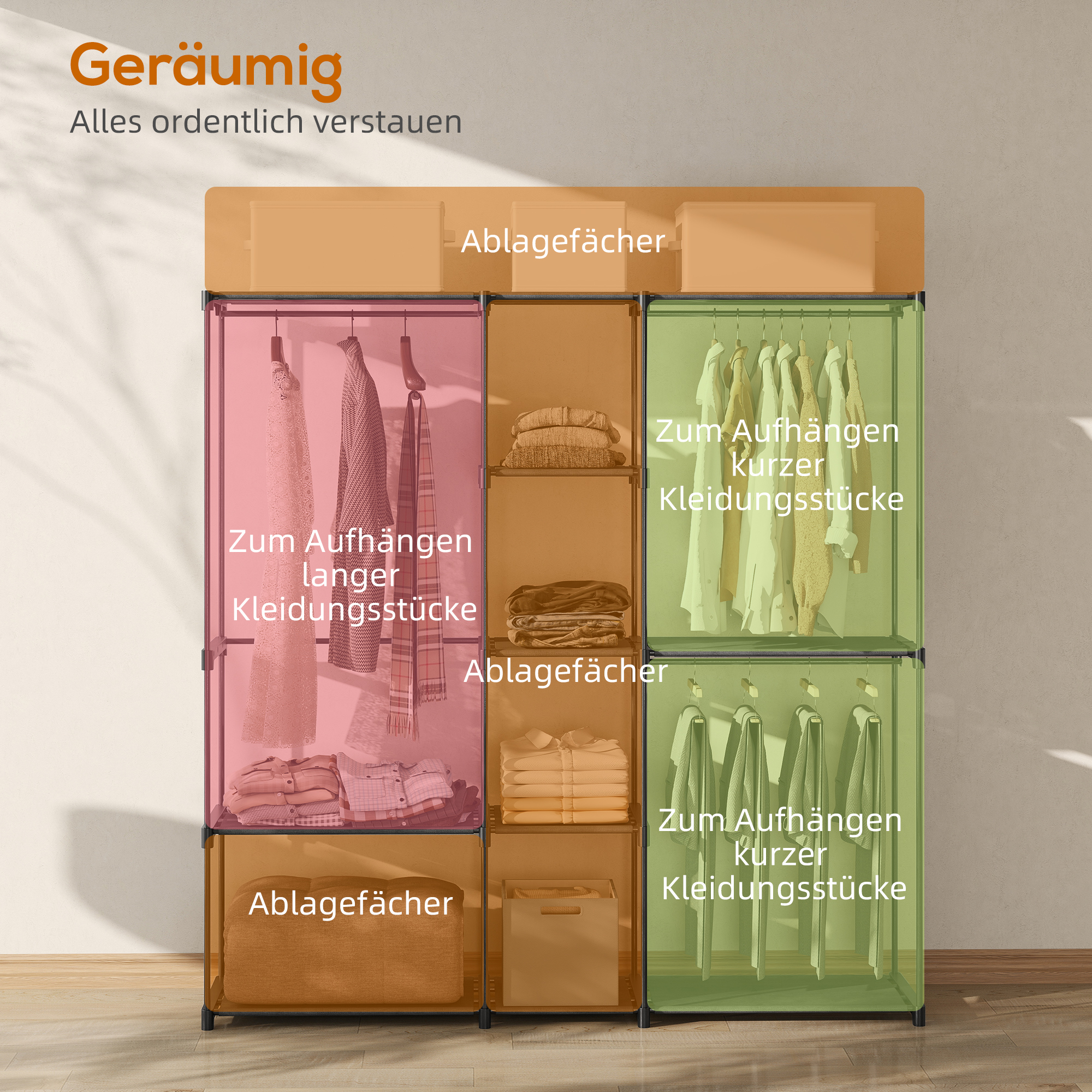 Kleiderschrank offen, 4 Stock Kleiderständer mit 2 Hängefächern für Wohnzimmer, 182 x 43 x 185 cm, Schwarz
