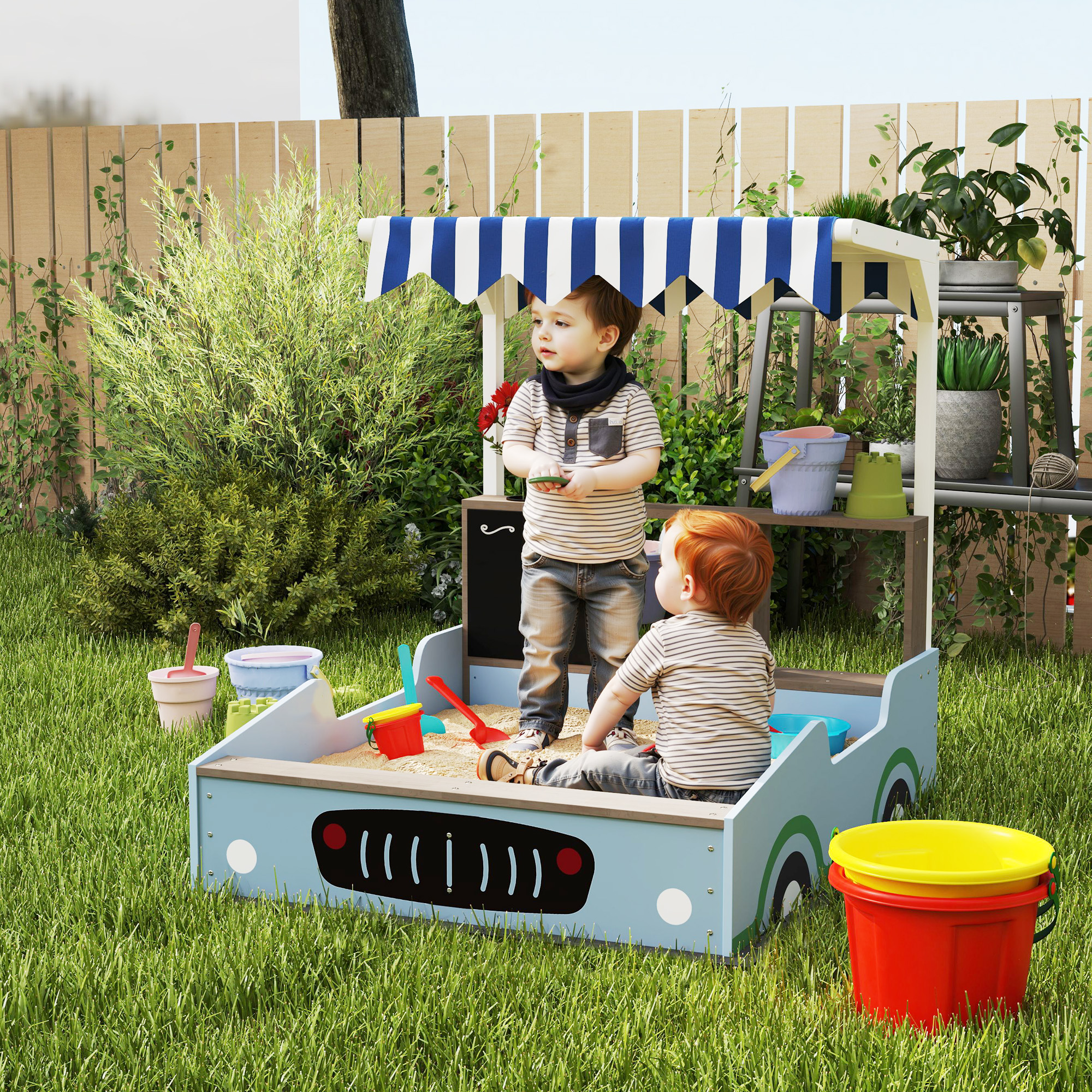 Sandkasten mit Vordach, Einkaufsladen-Design, Sitzbank, Zeichentafel, Tannenholz, 104H x 108L x 90B cm, Blau