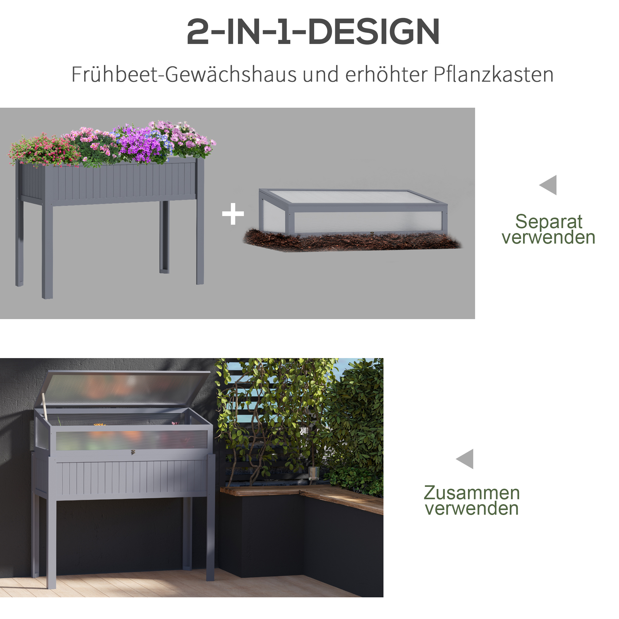 Hochbeet Holz mit Frühbeet 2-in1 Gewächshaus Tomatenhaus Gemüsebeet Kräuterbeet Pflanzkasten für Garten Balkon und Terrasse Polycarbonat Grau 120 x 54 x 112/122 cm