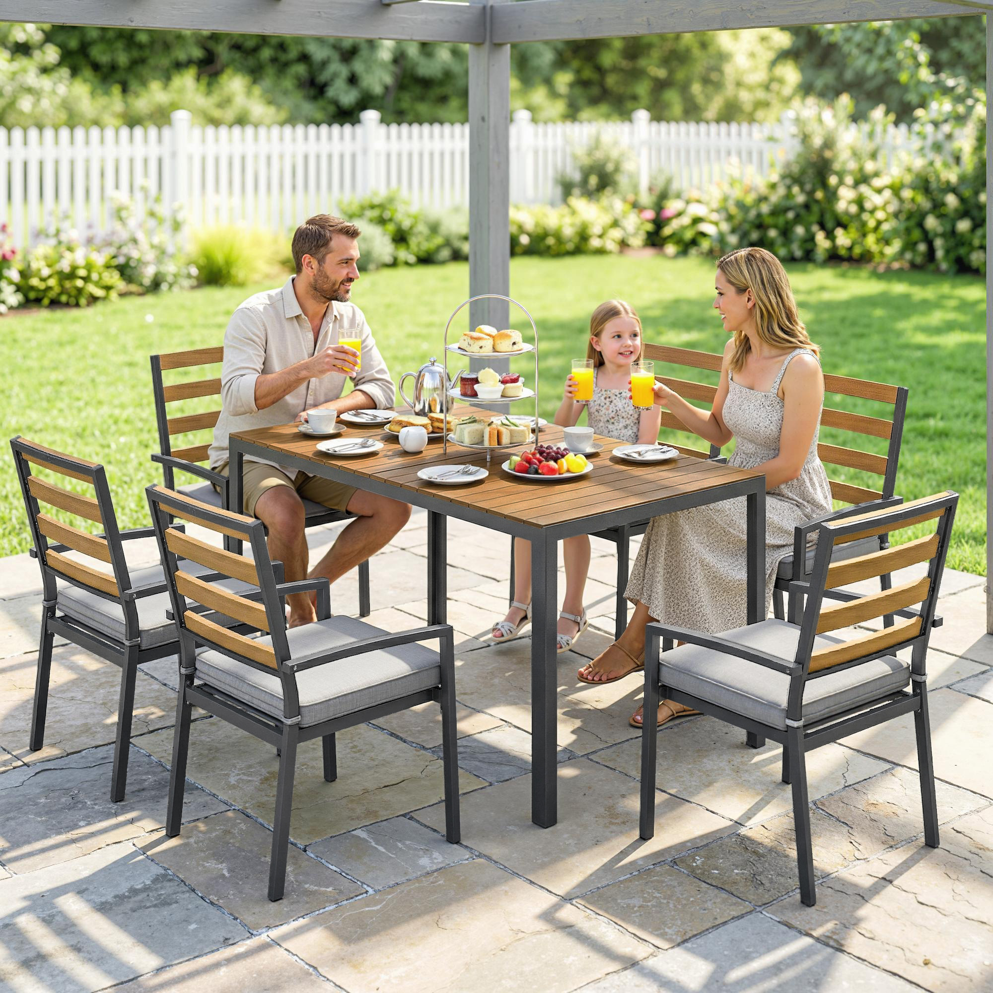 7 tlg. Sitzgruppe Gartenmöbel-Set, Gartengarnitur mit 1 Esstisch, 6 Stühlen, Kissen, für Terrasse, Naturholz