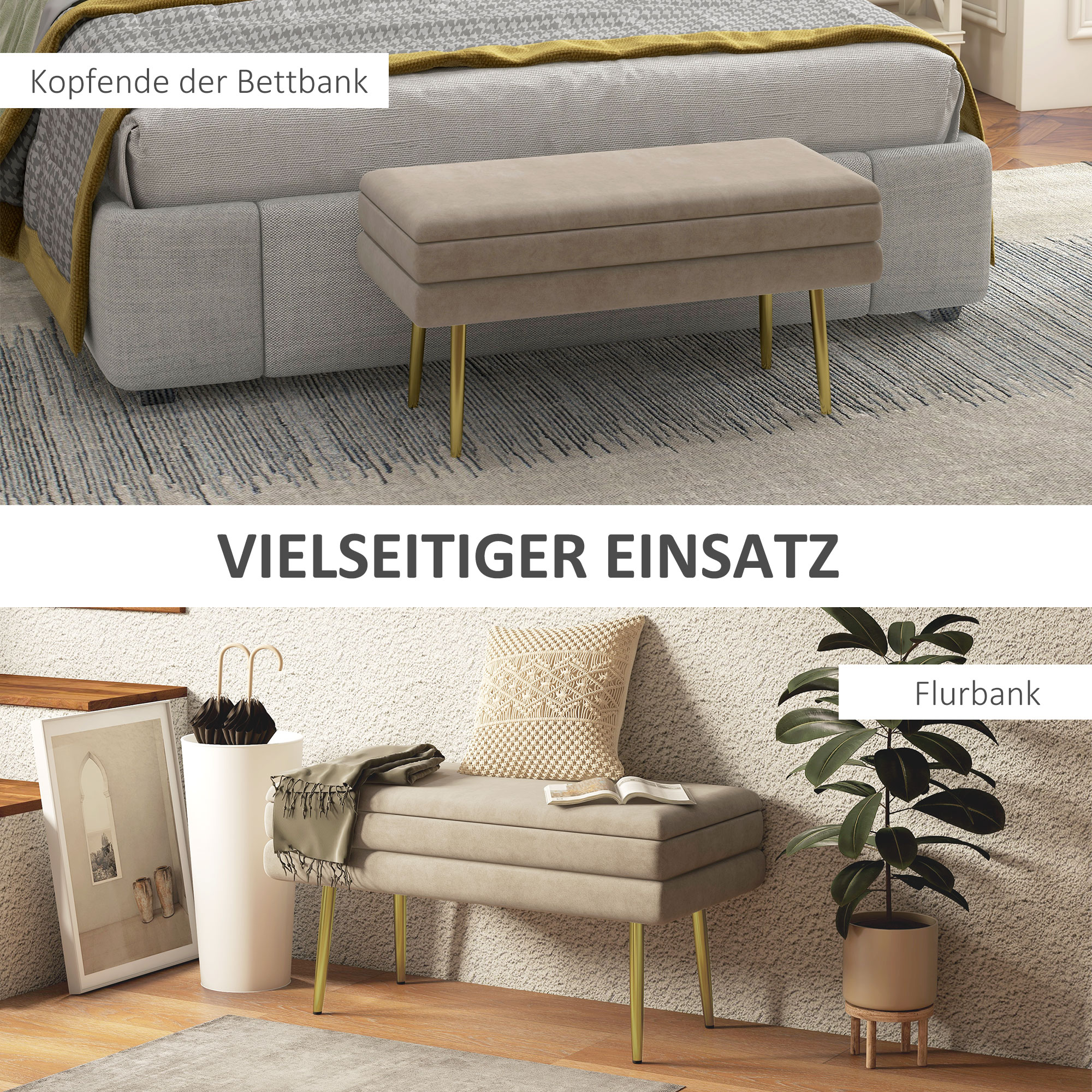 Sitzbank Polsterbank, mit Stauraum, Stahl, 79,5 cm x 37,5 cm x 43 cm, Beige