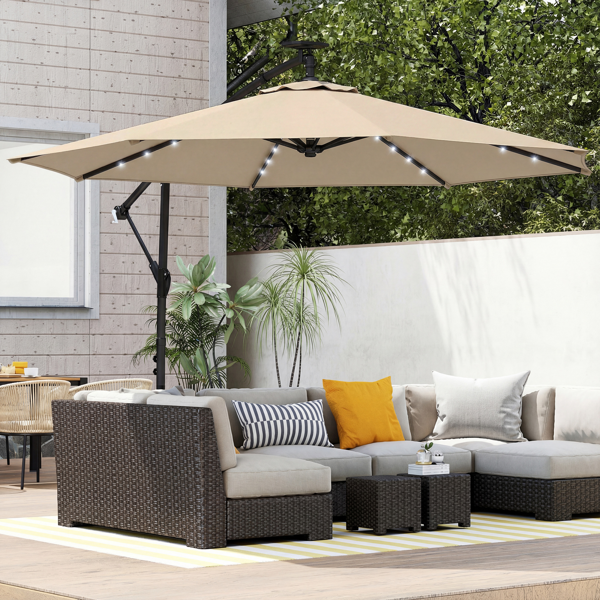 Ampelschirm LED Solar ca. Ø300 cm Drehbar Sonnenschirm mit Kurbel Ständer Schutzhülle Beige