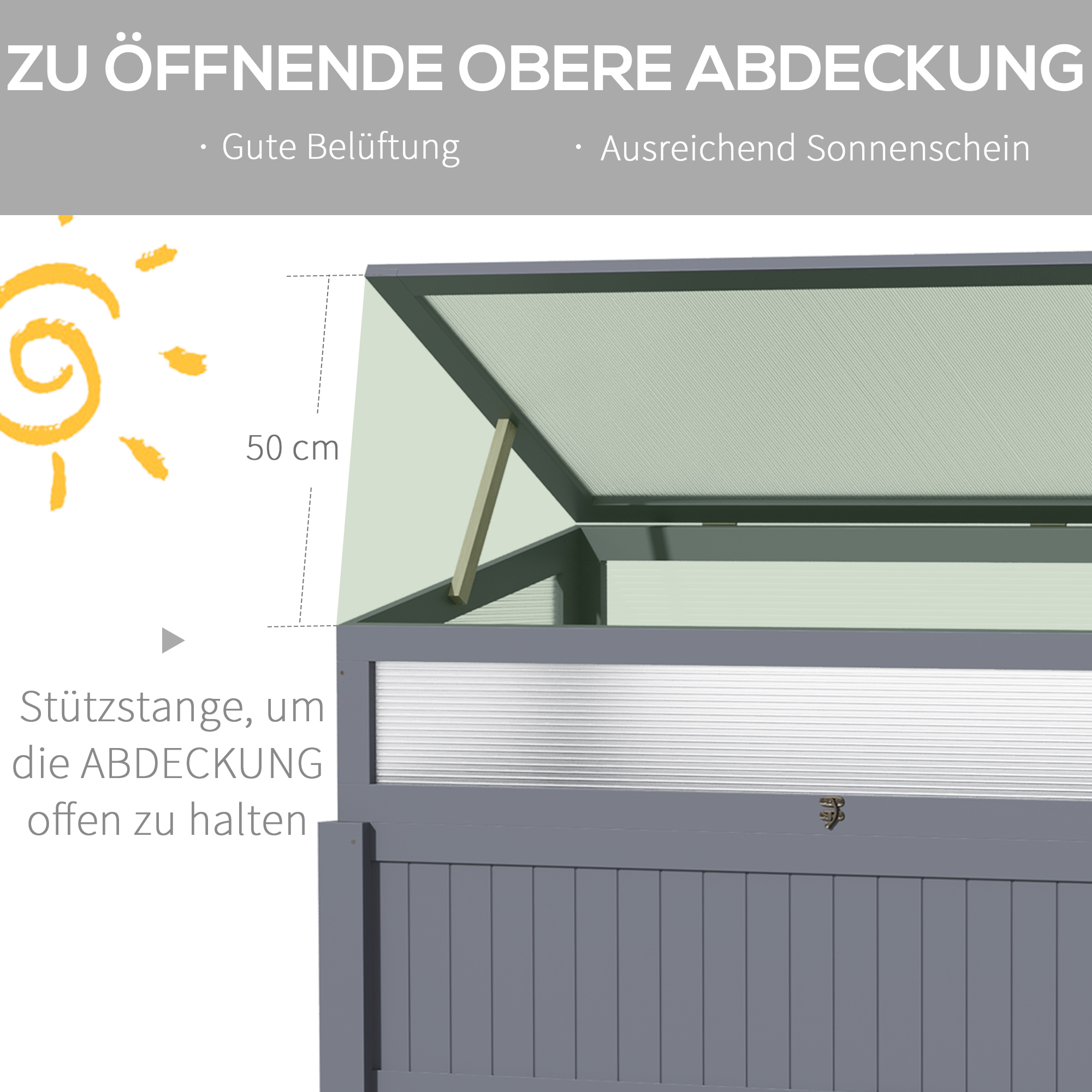 Hochbeet Holz mit Frühbeet 2-in1 Gewächshaus Tomatenhaus Gemüsebeet Kräuterbeet Pflanzkasten für Garten Balkon und Terrasse Polycarbonat Grau 120 x 54 x 112/122 cm