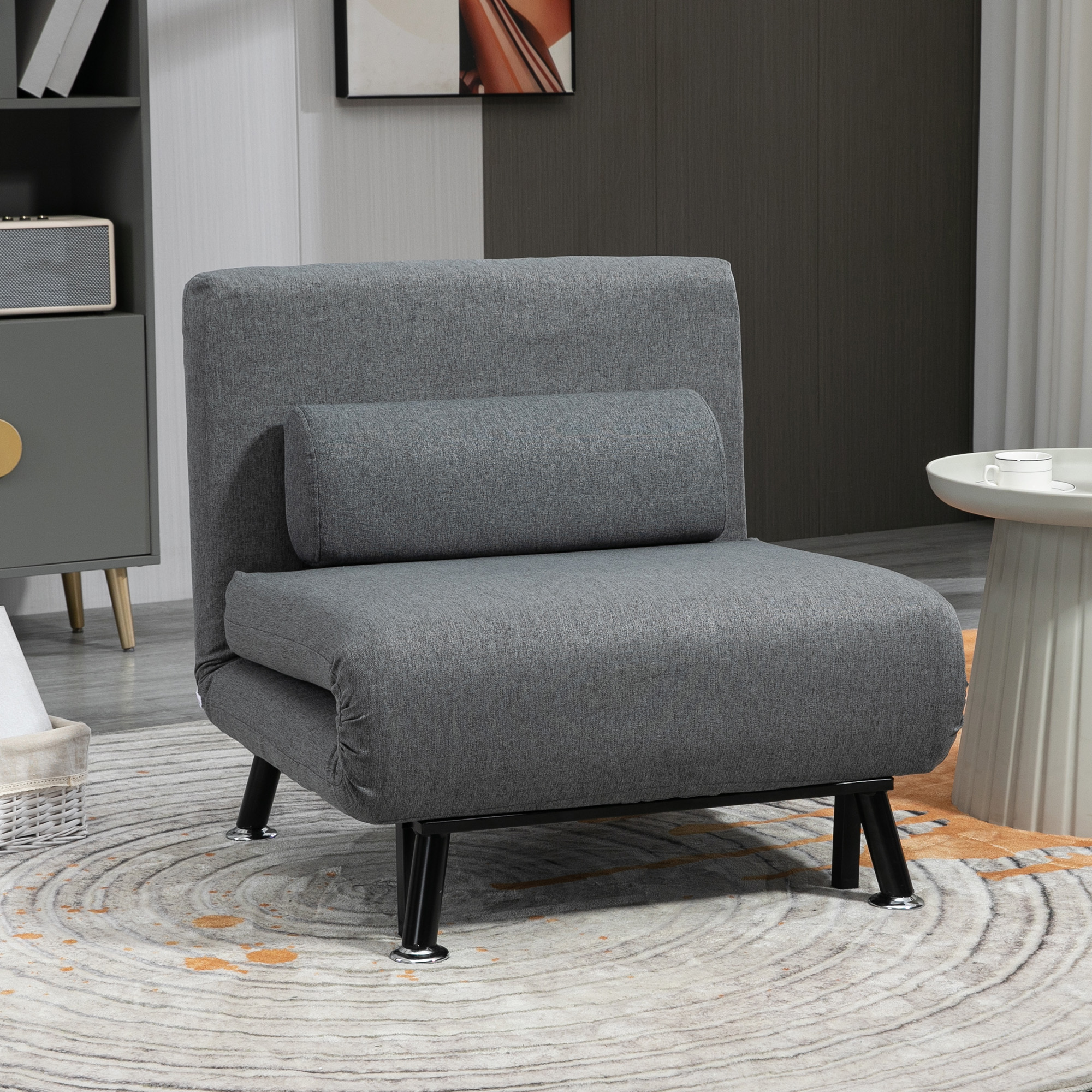 Klappsessel mit Bettfunktion, klappbarer Relaxsessel in Leinenoptik, Verstellbare Rückenlehne, 75 x 70 x 75 cm, Dunkelgrau